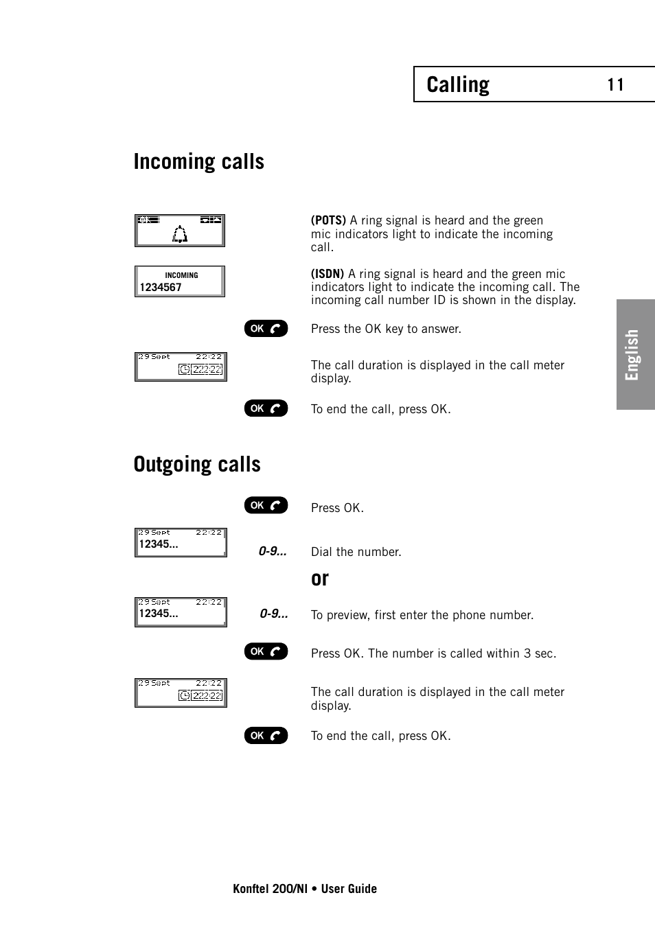 Calling, Incoming calls outgoing calls, English | Konftel 200NI User Manual | Page 11 / 28