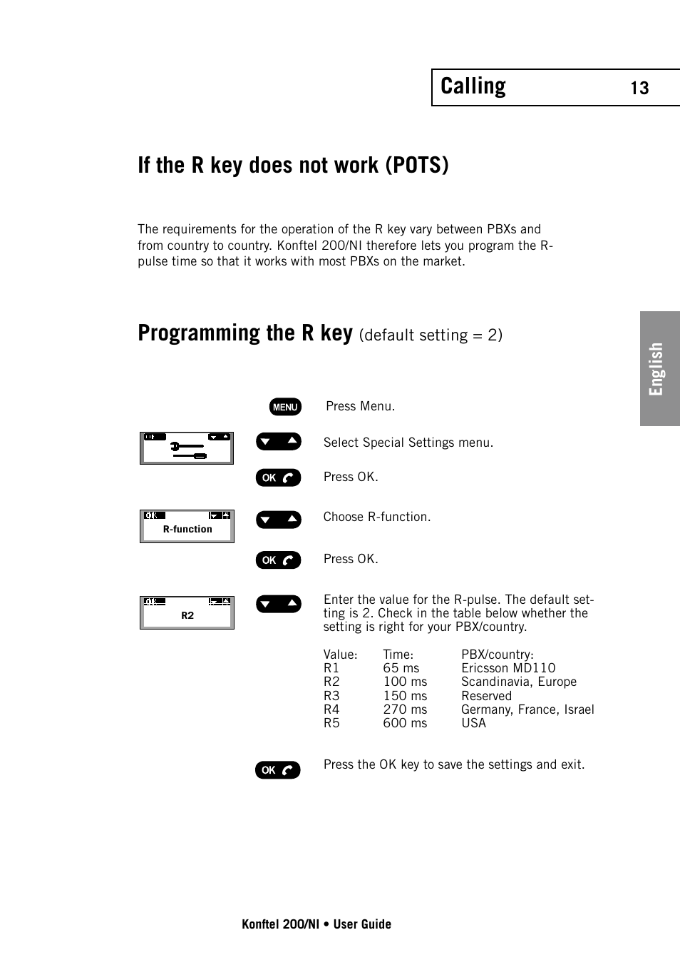 Calling if the r key does not work (pots), Programming the r key, English | Konftel 200NI User Manual | Page 13 / 28