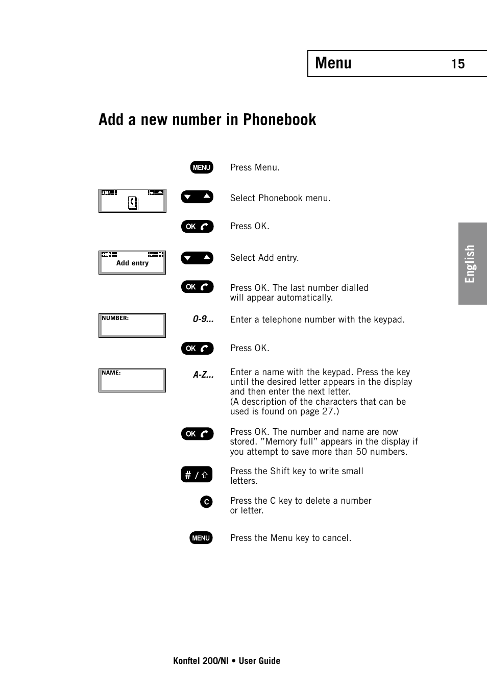 Menu, Add a new number in phonebook, English | Konftel 200NI User Manual | Page 15 / 28