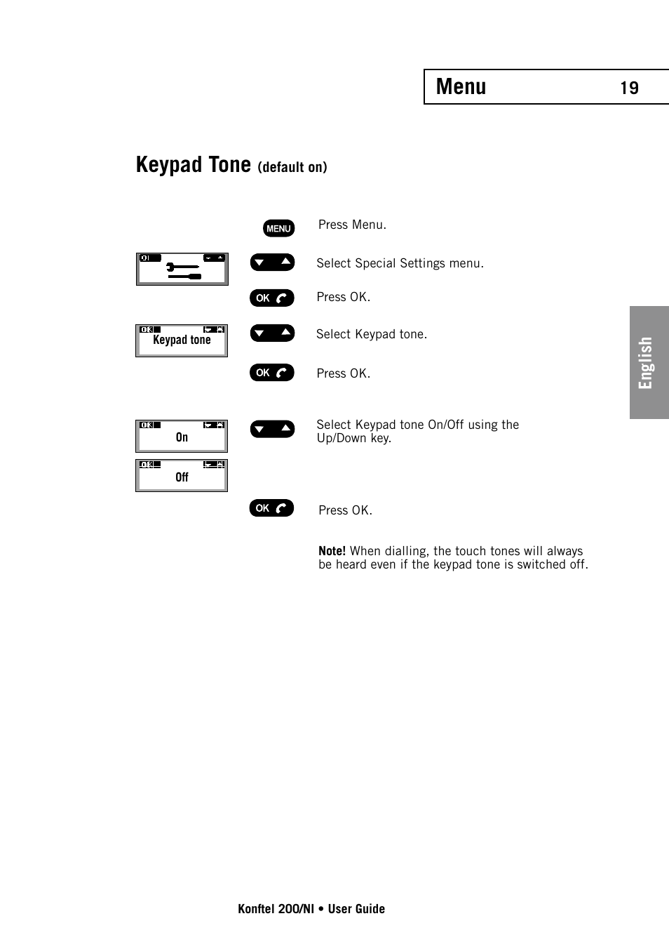 Keypad tone, Menu, English | Konftel 200NI User Manual | Page 19 / 28