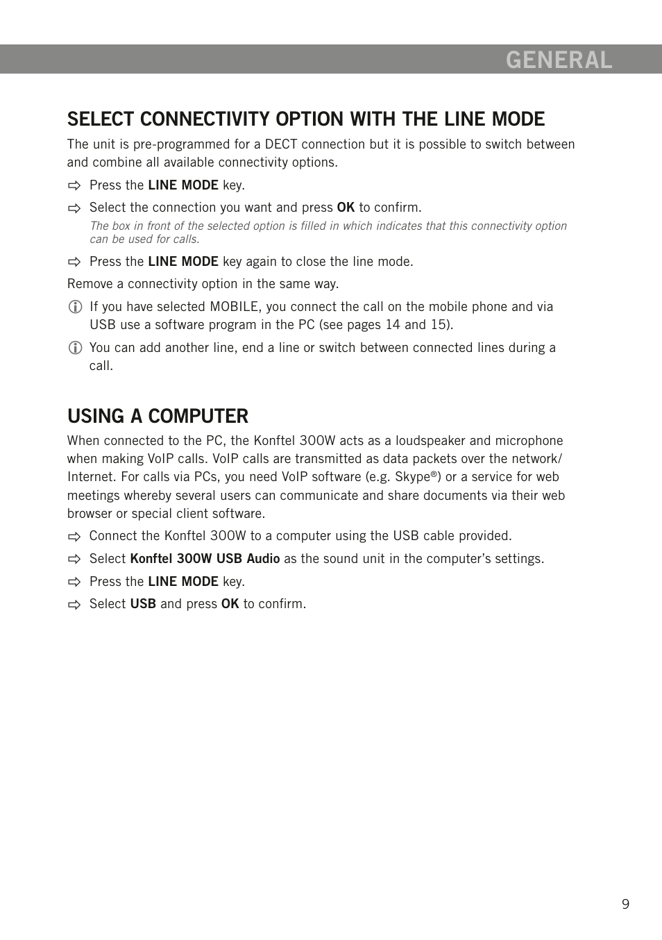 Select connectivity option with the line mode, Using a computer, General | Konftel 300W User Manual | Page 11 / 42