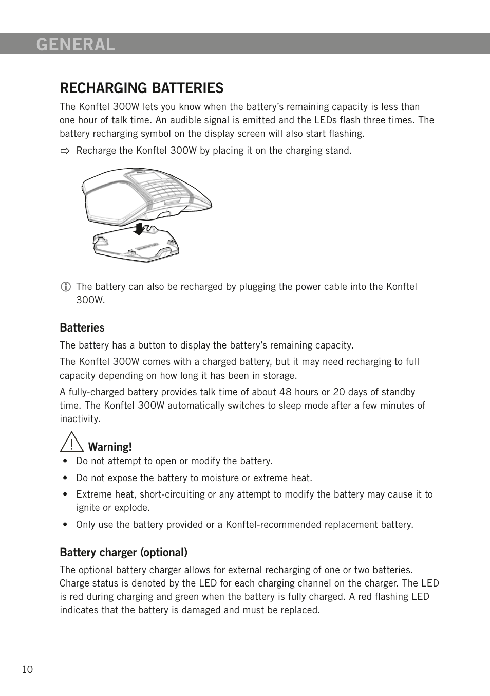 Recharging batteries, General | Konftel 300W User Manual | Page 12 / 42