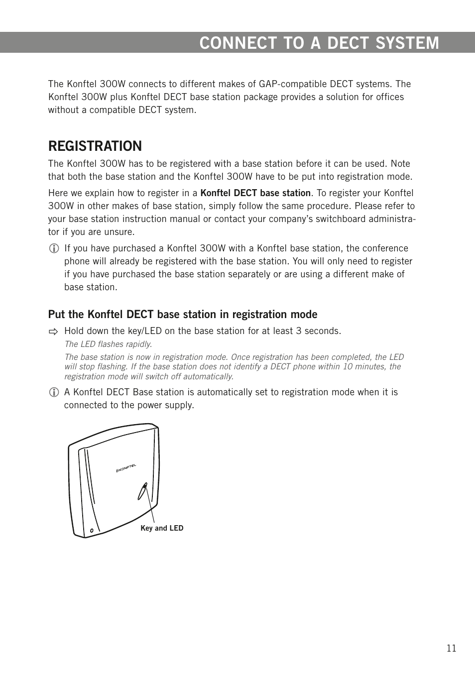 Connect to a dect system, Registration | Konftel 300W User Manual | Page 13 / 42