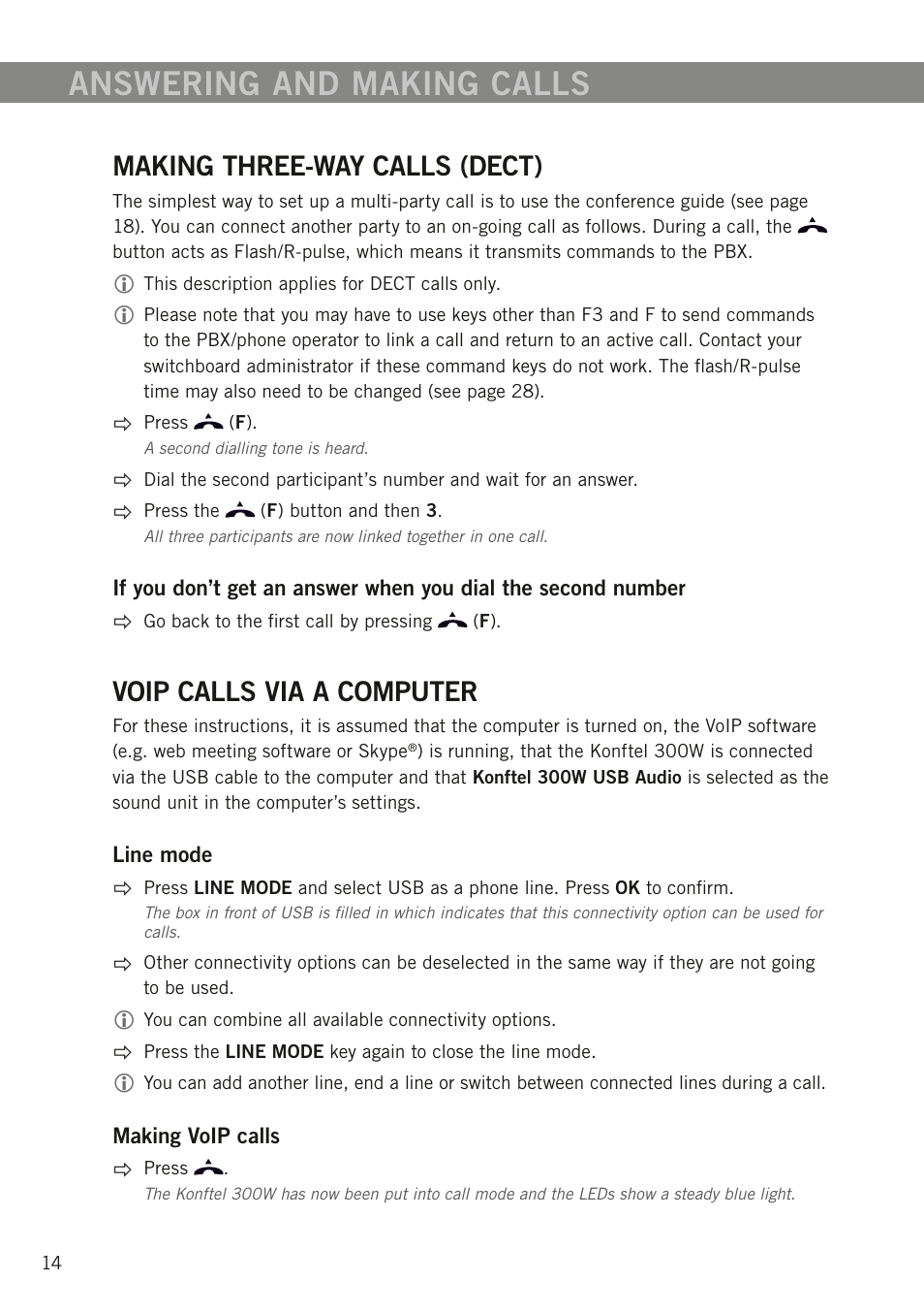 Making three-way calls (dect), Voip calls via a computer, Answering and making calls | Konftel 300W User Manual | Page 16 / 42