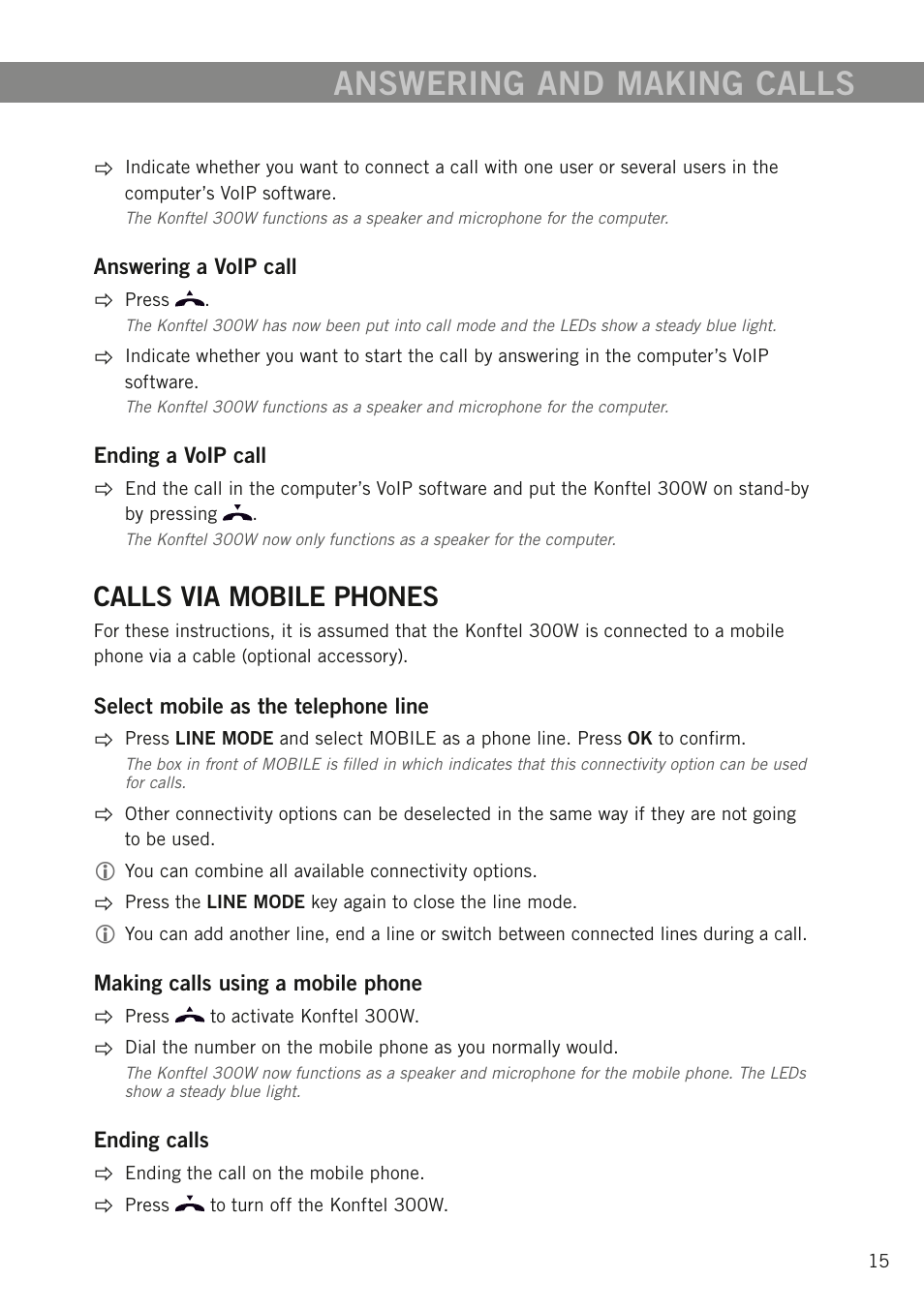 Calls via mobile phones, Answering and making calls | Konftel 300W User Manual | Page 17 / 42