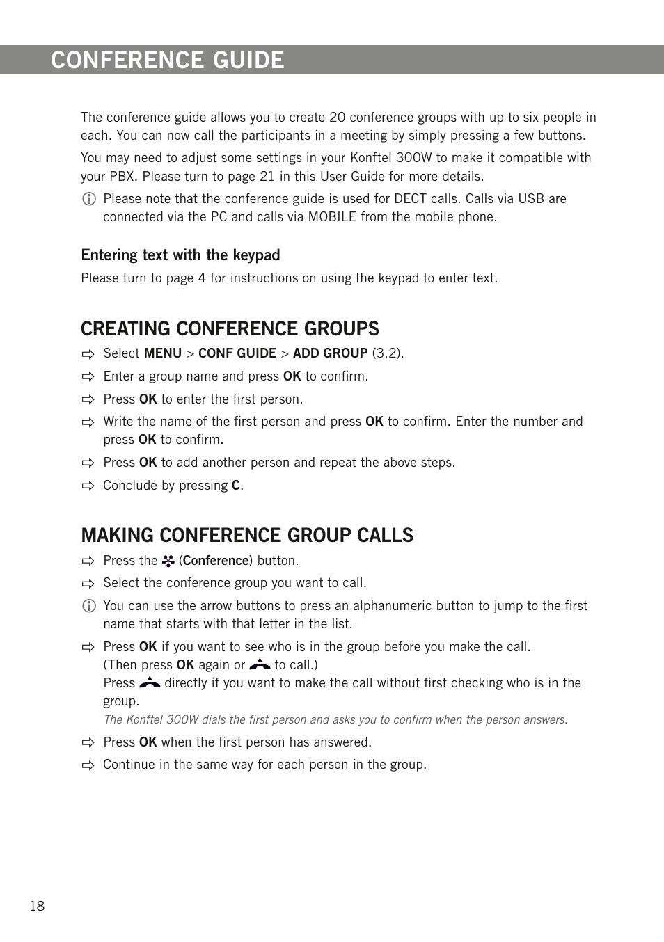Conference guide, Creating conference groups, Making conference group calls | Konftel 300W User Manual | Page 20 / 42