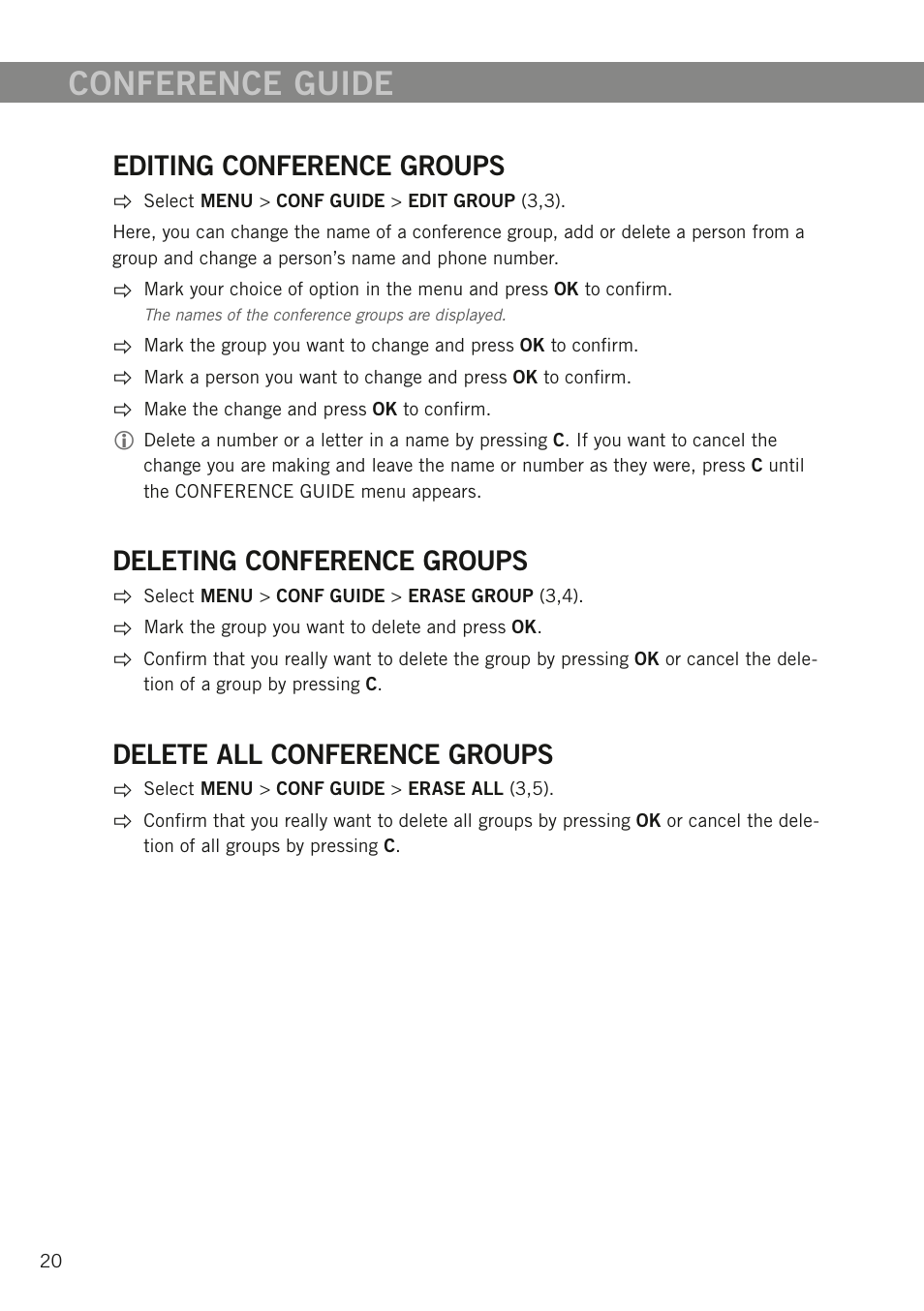 Editing conference groups, Deleting conference groups, Delete all conference groups | Conference guide | Konftel 300W User Manual | Page 22 / 42