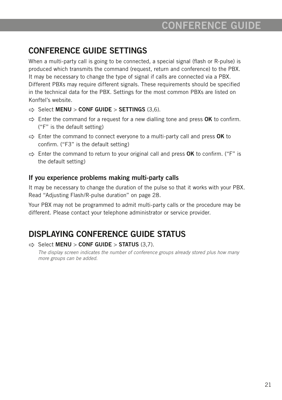 Conference guide settings, Displaying conference guide status, Conference guide | Konftel 300W User Manual | Page 23 / 42