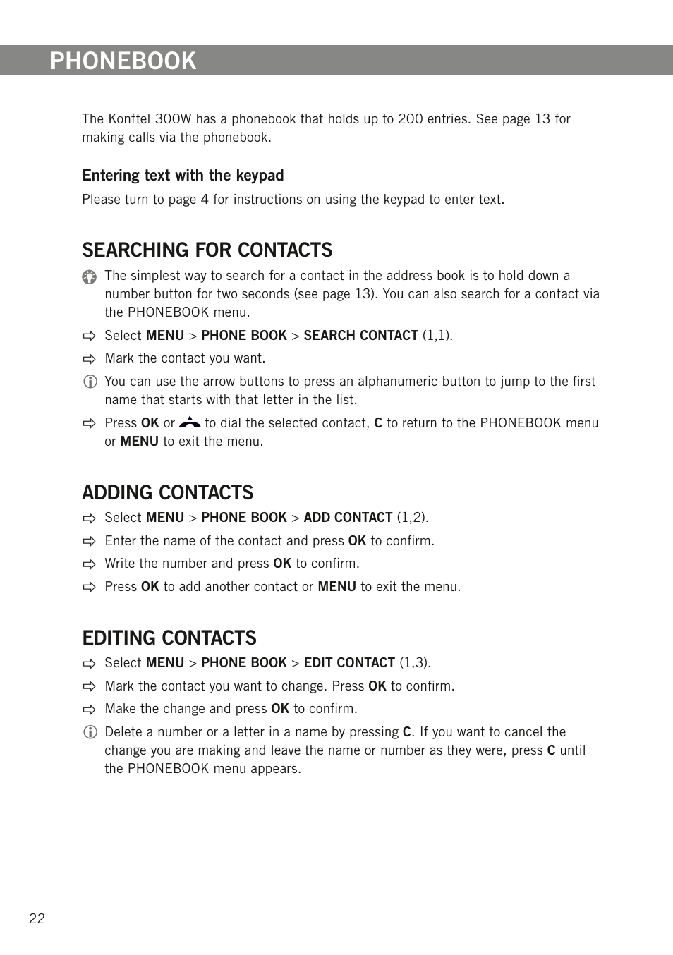 Phonebook, Searching for contacts, Adding contacts | Editing contacts | Konftel 300W User Manual | Page 24 / 42