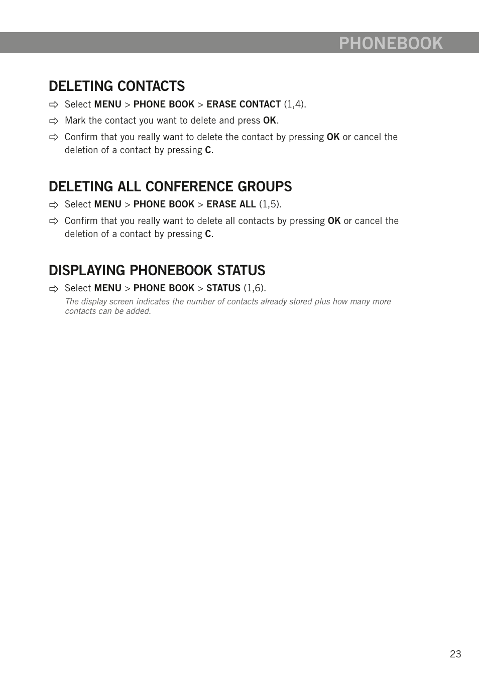 Deleting contacts, Deleting all conference groups, Displaying phonebook status | Phonebook | Konftel 300W User Manual | Page 25 / 42