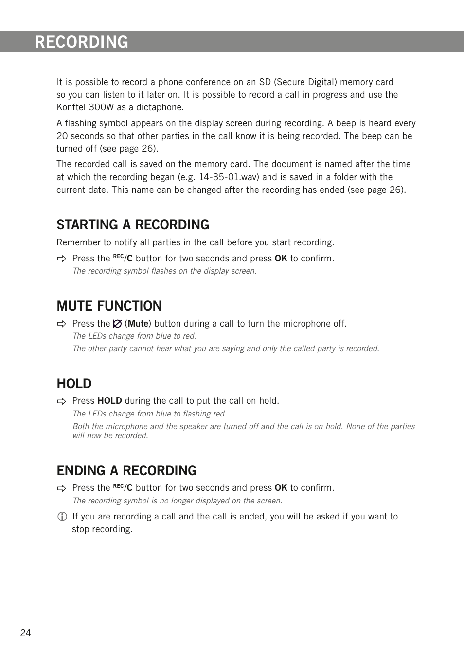 Recording, Starting a recording, Mute function | Hold, Ending a recording | Konftel 300W User Manual | Page 26 / 42