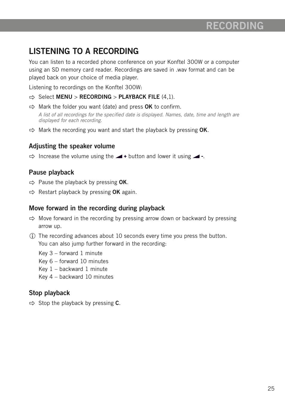 Listening to a recording, Recording | Konftel 300W User Manual | Page 27 / 42