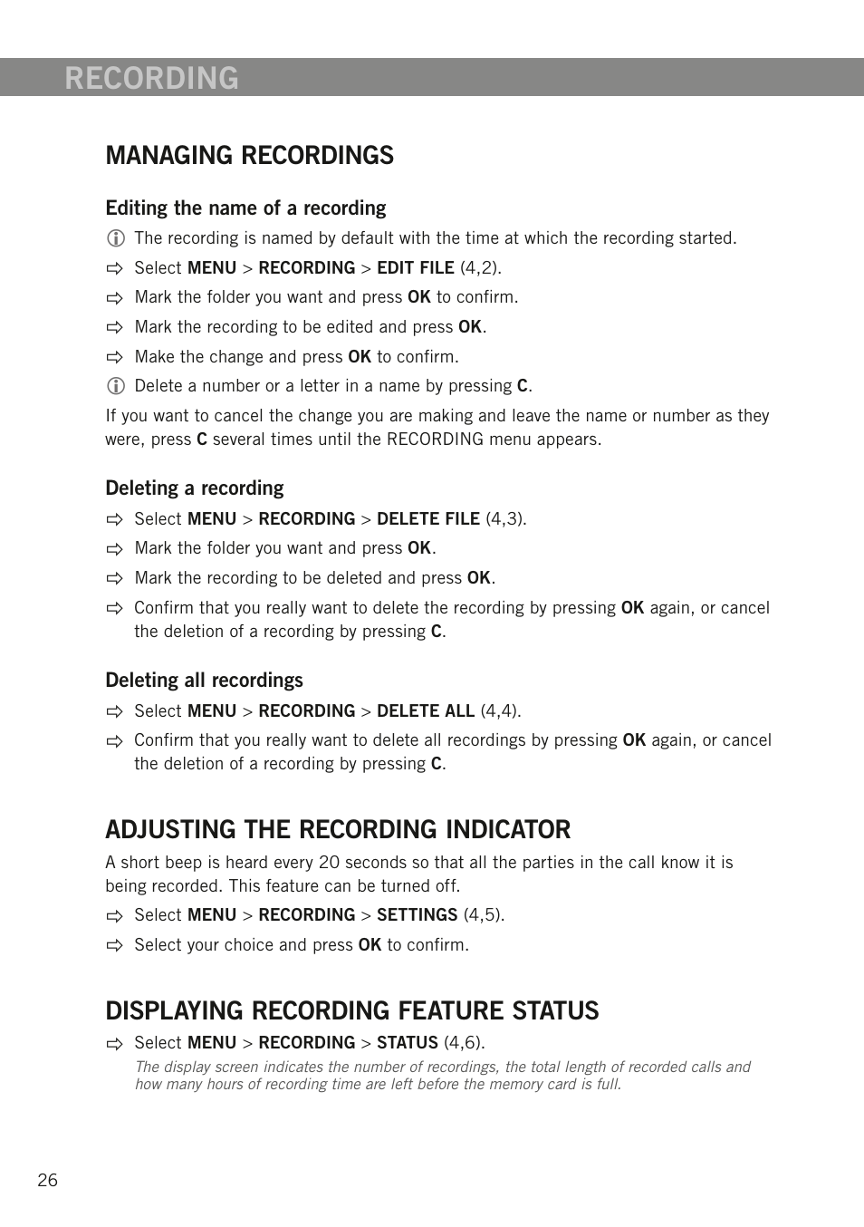 Managing recordings, Adjusting the recording indicator, Displaying recording feature status | Recording | Konftel 300W User Manual | Page 28 / 42