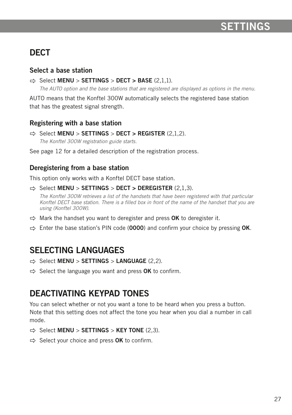 Settings, Dect, Selecting languages | Deactivating keypad tones | Konftel 300W User Manual | Page 29 / 42
