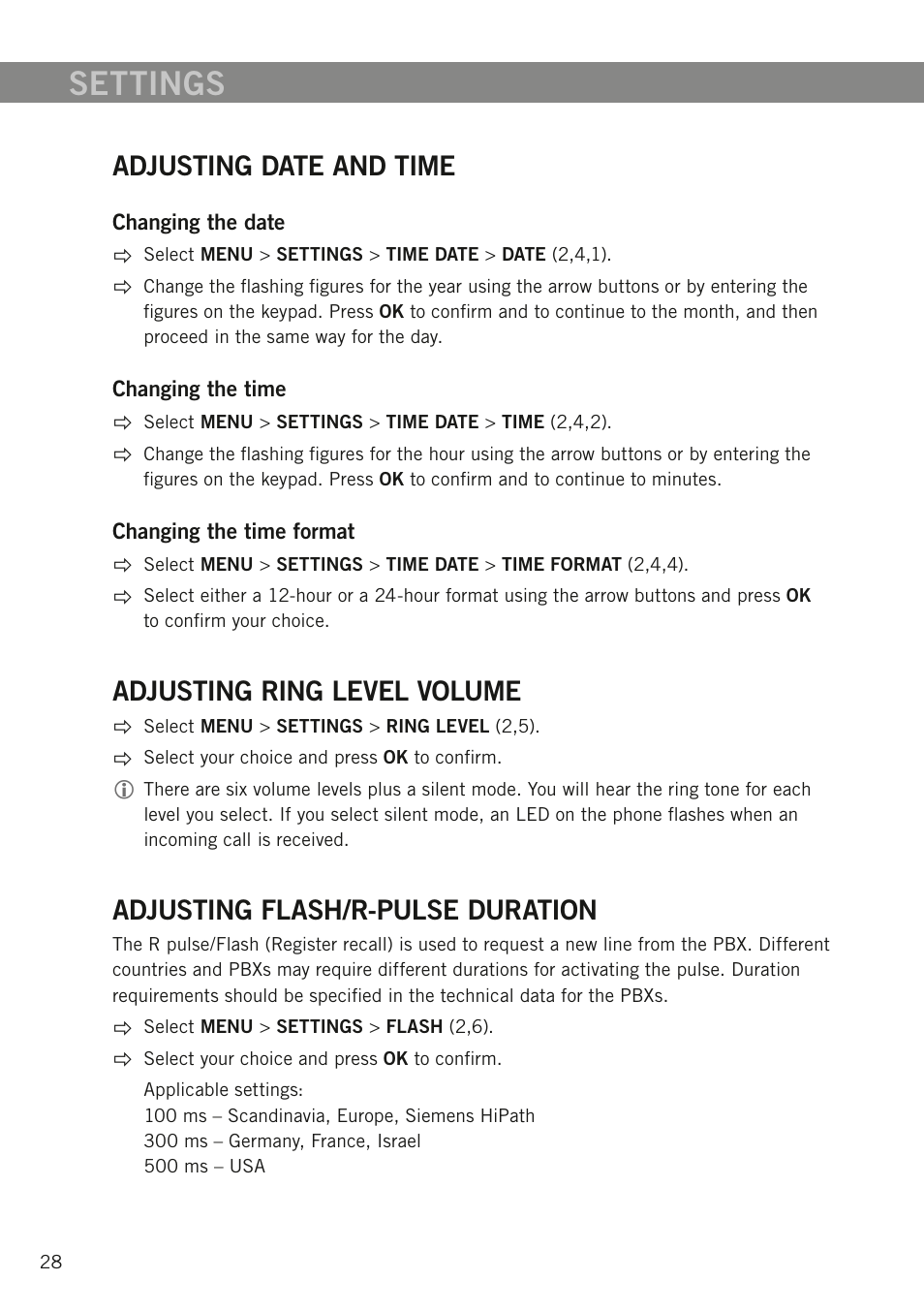 Adjusting date and time, Adjusting ring level volume, Adjusting flash/r-pulse duration | Settings | Konftel 300W User Manual | Page 30 / 42