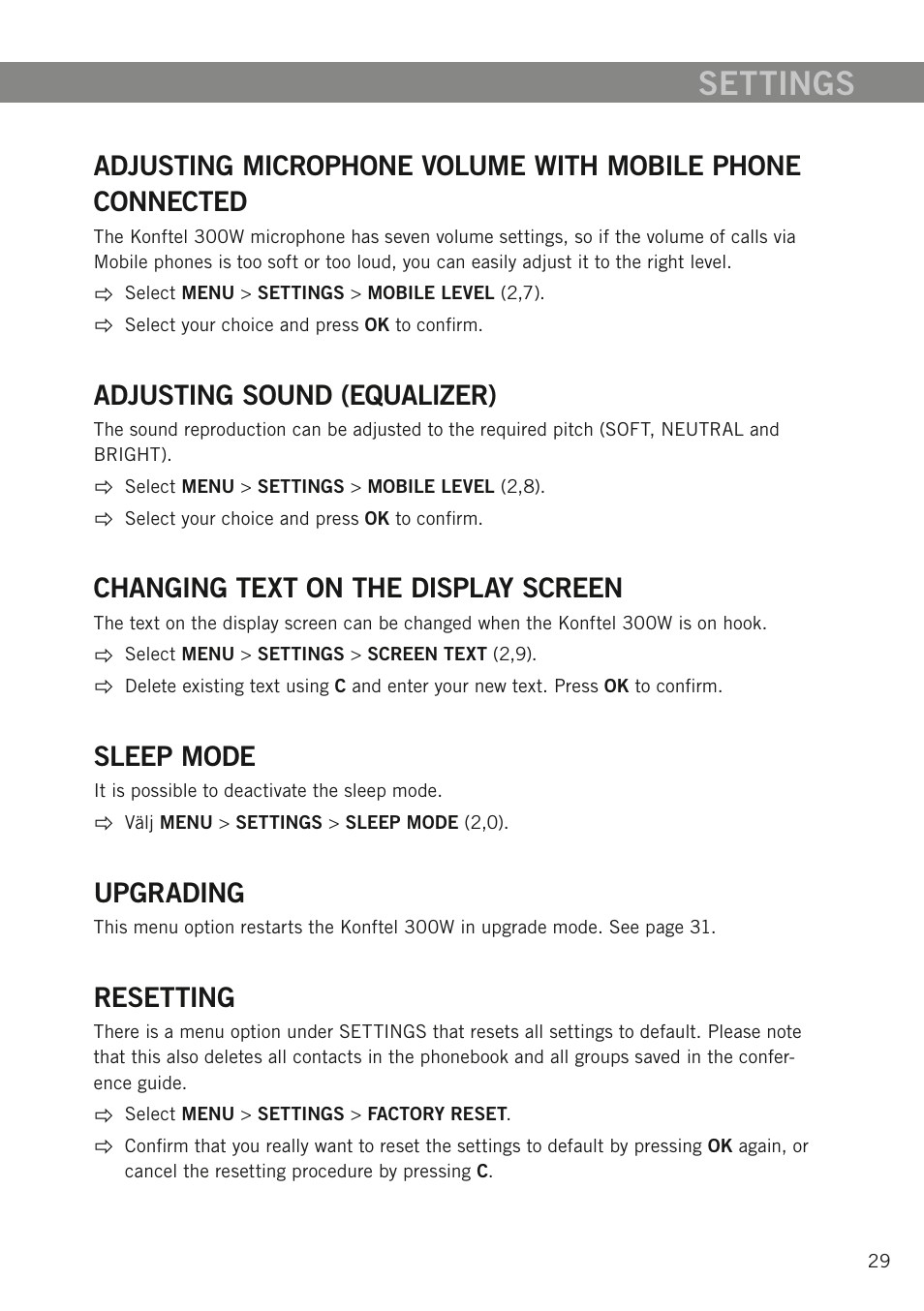 Adjusting sound (equalizer), Changing text on the display screen, Sleep mode | Upgrading, Resetting, Settings | Konftel 300W User Manual | Page 31 / 42