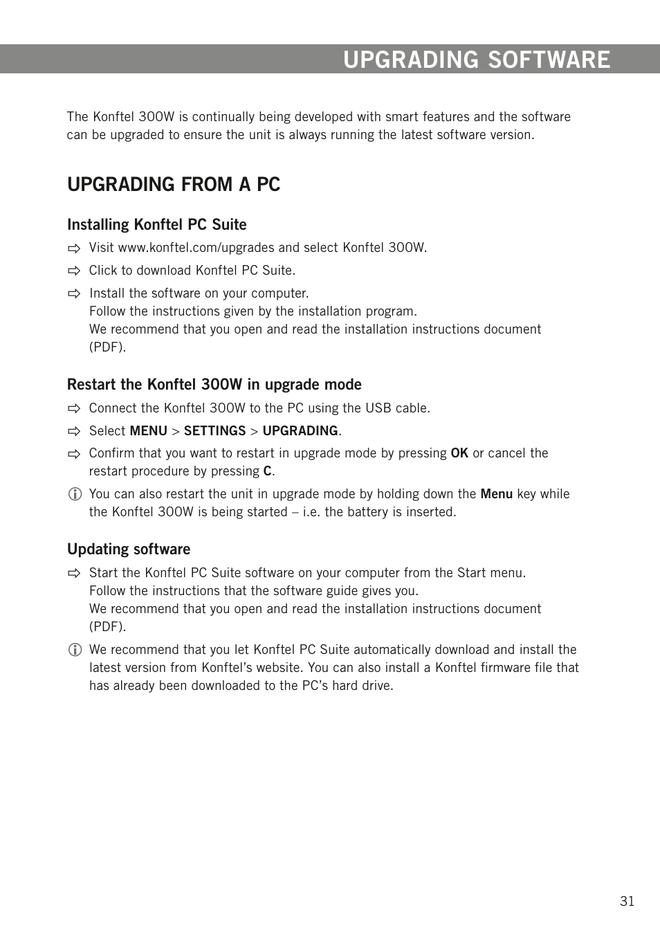 Upgrading software, Upgrading from a pc | Konftel 300W User Manual | Page 33 / 42