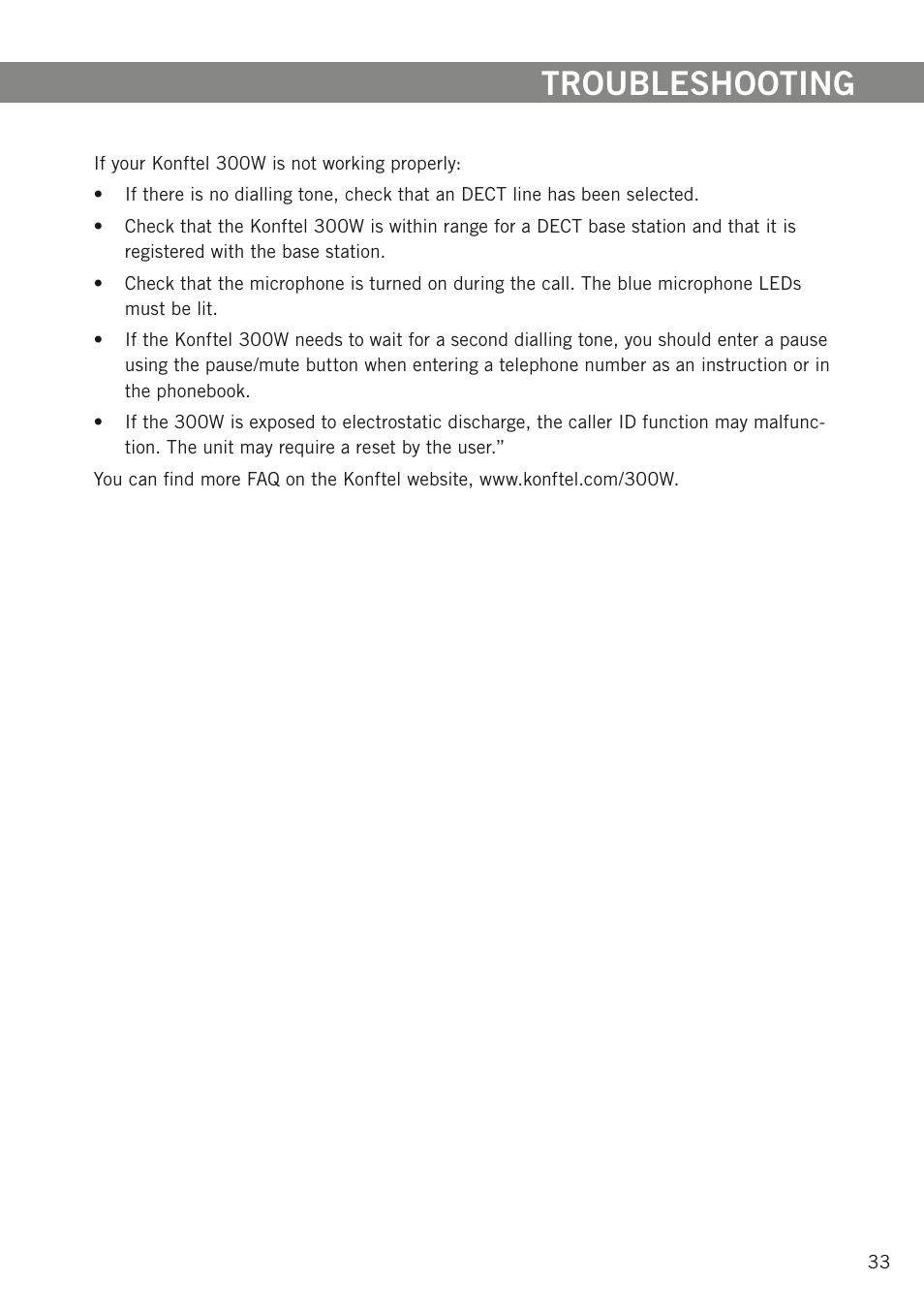Troubleshooting | Konftel 300W User Manual | Page 35 / 42