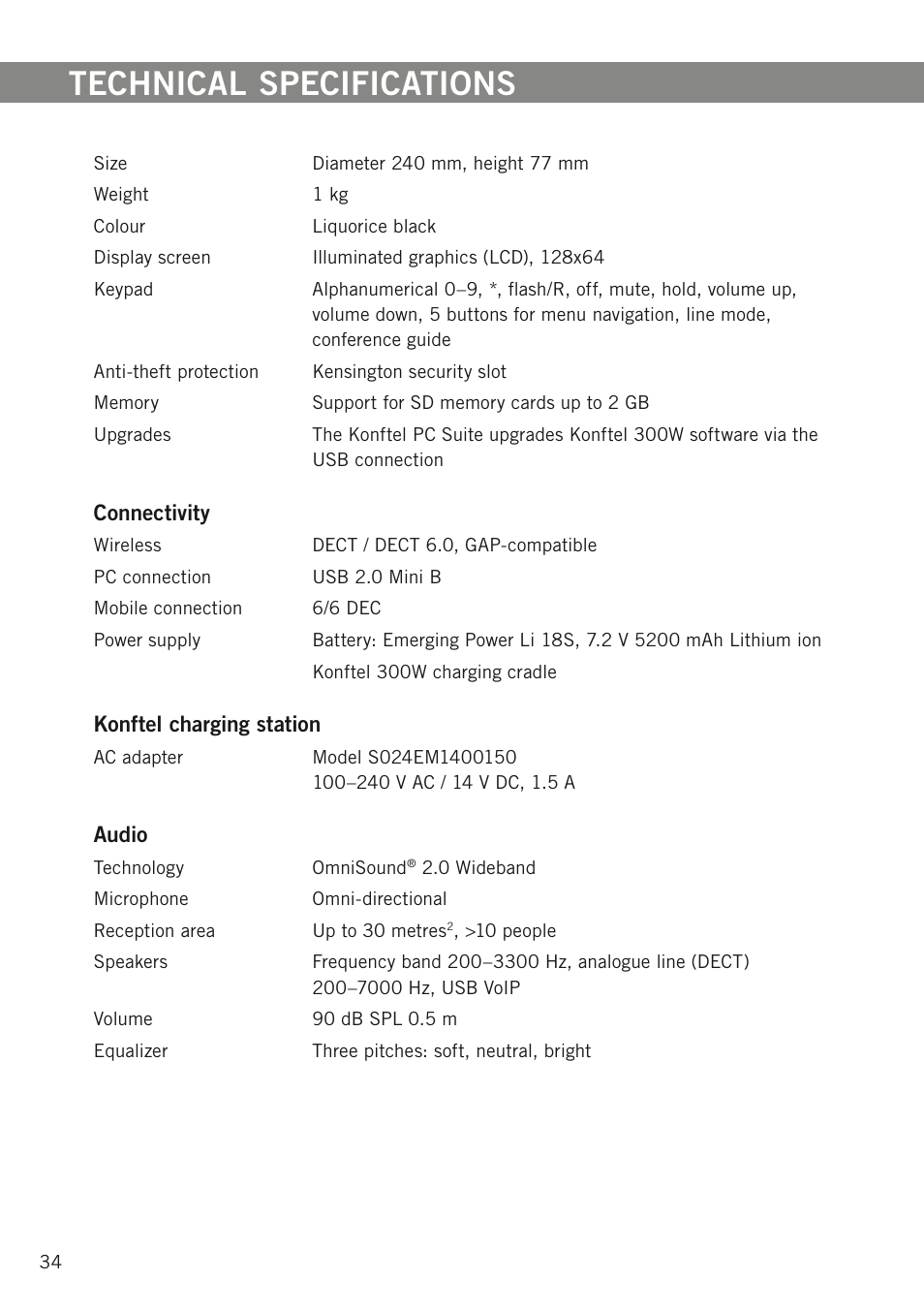 Technical specifications | Konftel 300W User Manual | Page 36 / 42