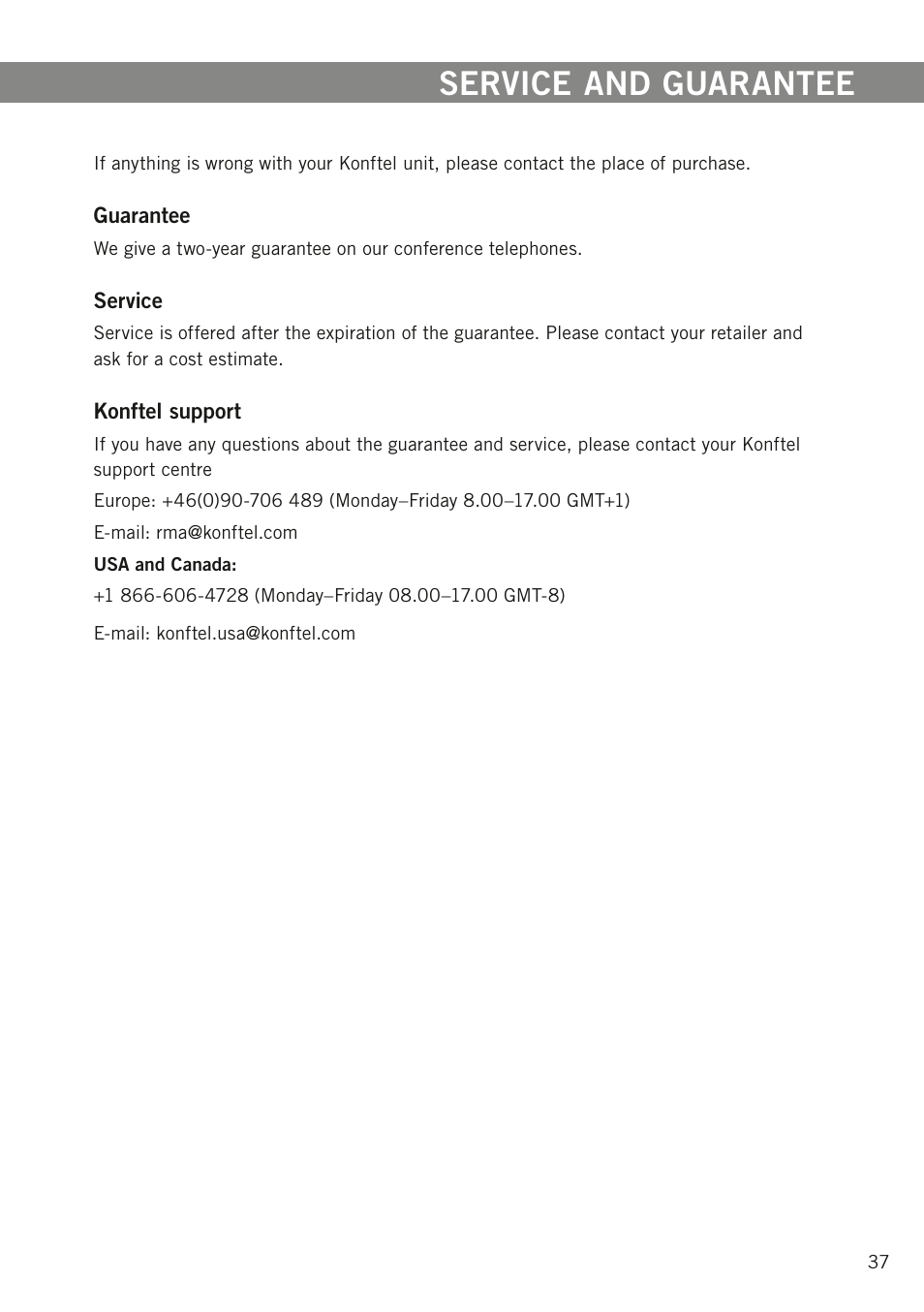 Service and guarantee | Konftel 300W User Manual | Page 39 / 42