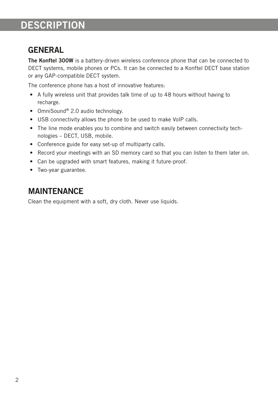 Description, General, Maintenance | Konftel 300W User Manual | Page 4 / 42