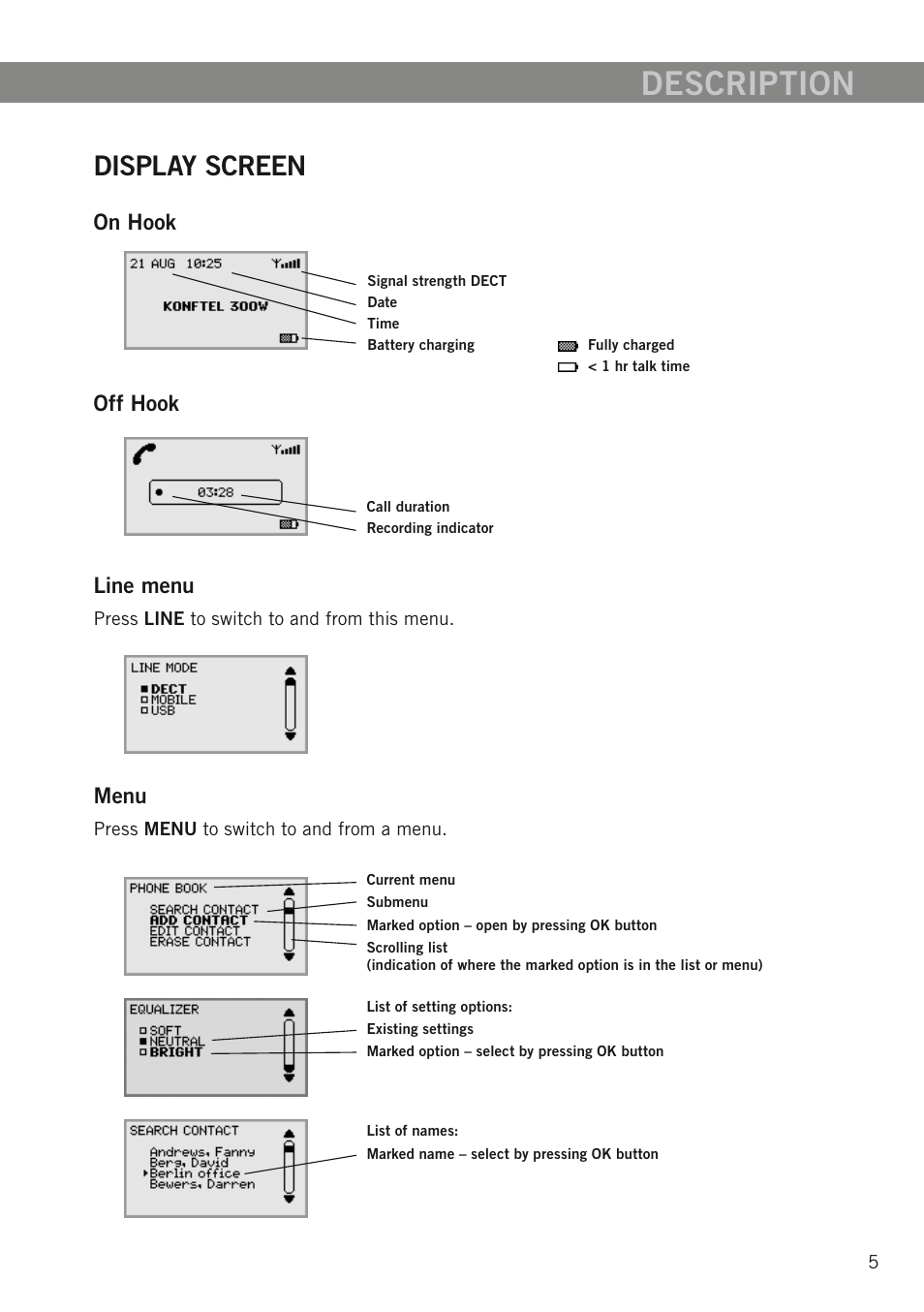 Display screen, Description | Konftel 300W User Manual | Page 7 / 42