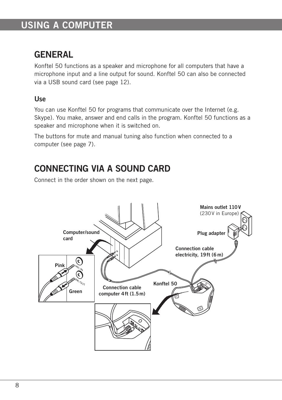 Using a computer, General, Connecting via a sound card | General connecting via a sound card | Konftel 50 User Manual | Page 10 / 26