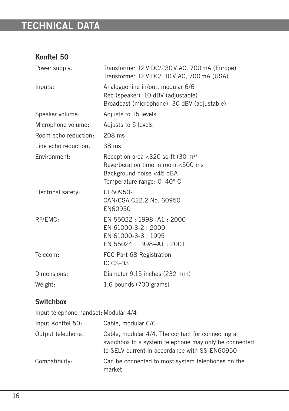 Technical data | Konftel 50 User Manual | Page 18 / 26