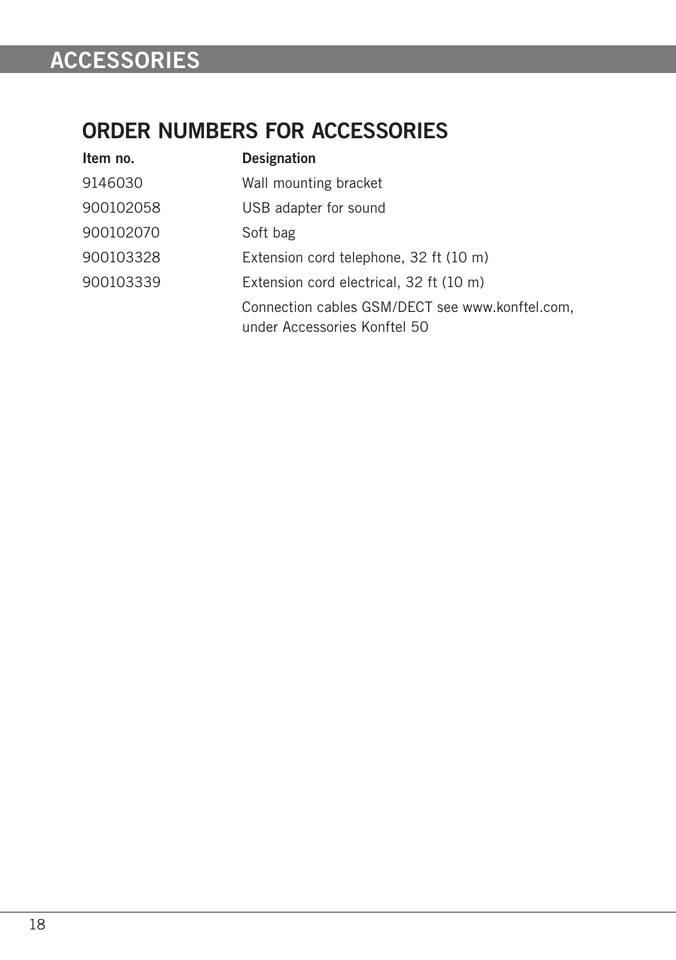 Accessories, Order numbers for accessories | Konftel 50 User Manual | Page 20 / 26