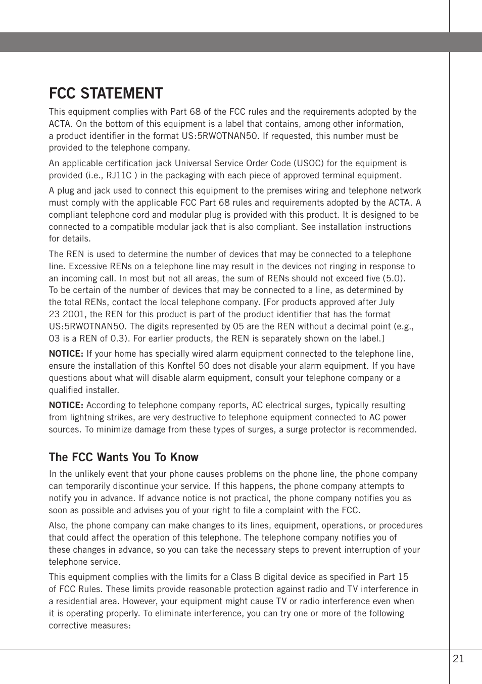 Fcc statement | Konftel 50 User Manual | Page 23 / 26