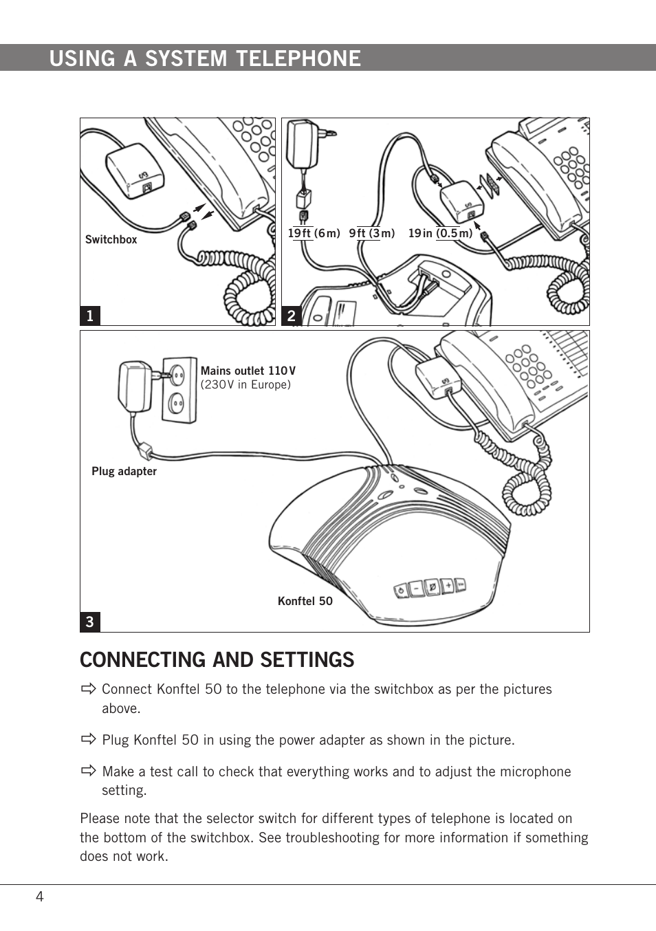 Using a system telephone, Connecting and settings | Konftel 50 User Manual | Page 6 / 26