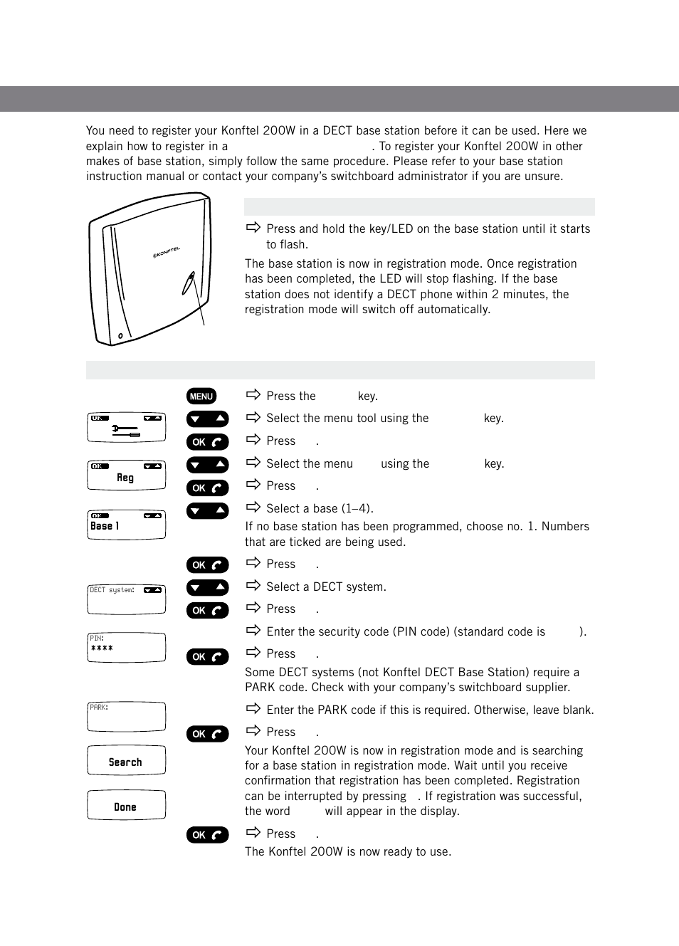 Registering in a dect base station | Konftel 200w User Manual | Page 5 / 6