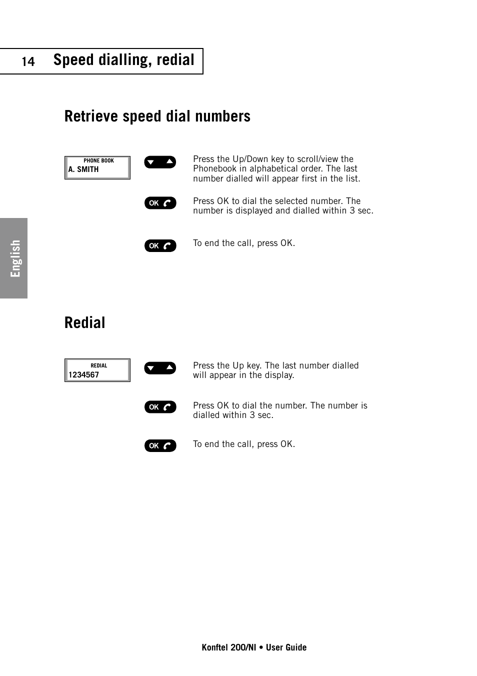 Retrieve speed dial numbers, Redial, Speed dialling, redial | 14 english | Konftel 200/NI User Manual | Page 14 / 28
