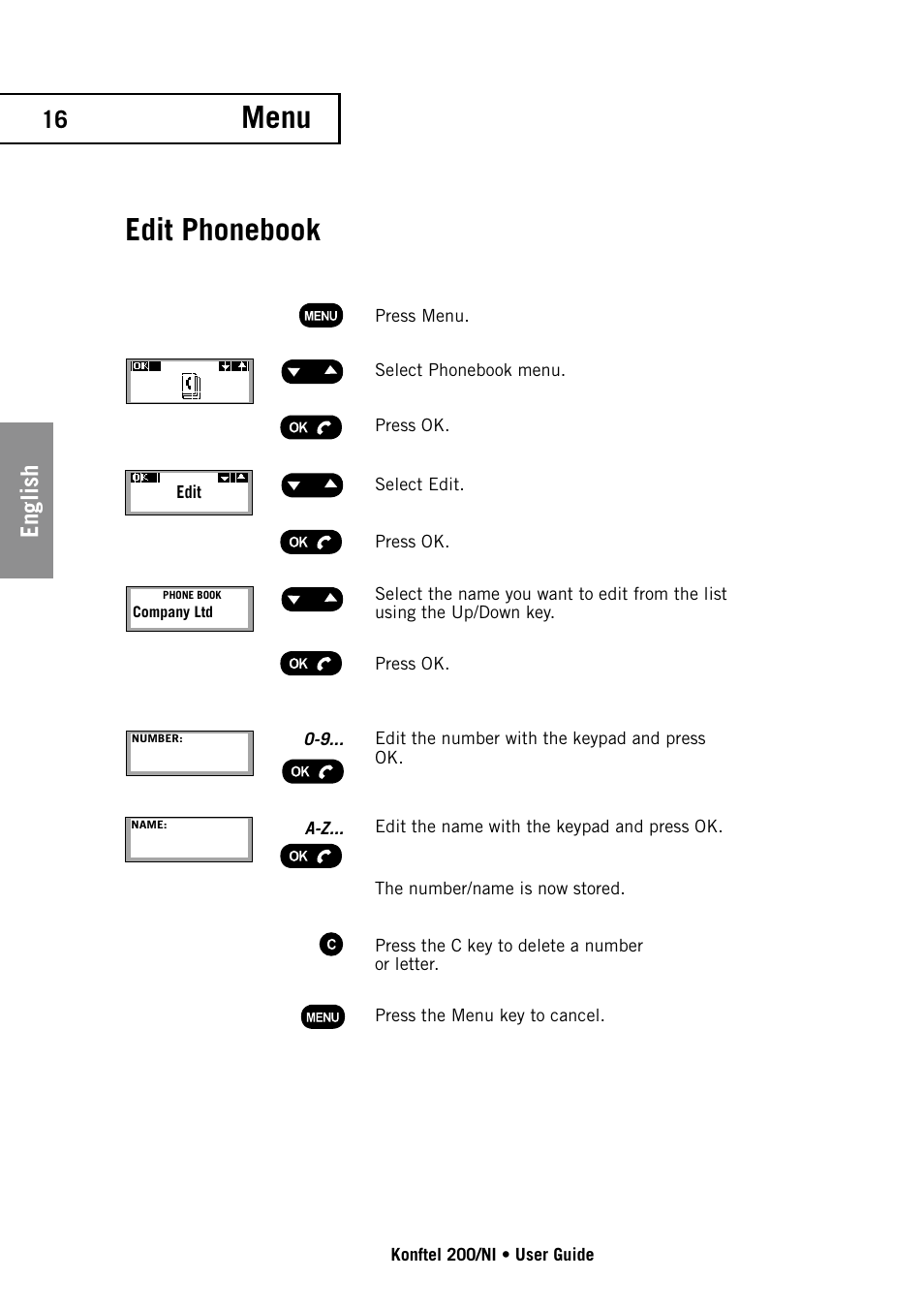 Edit phonebook, Menu, 16 english | Konftel 200/NI User Manual | Page 16 / 28