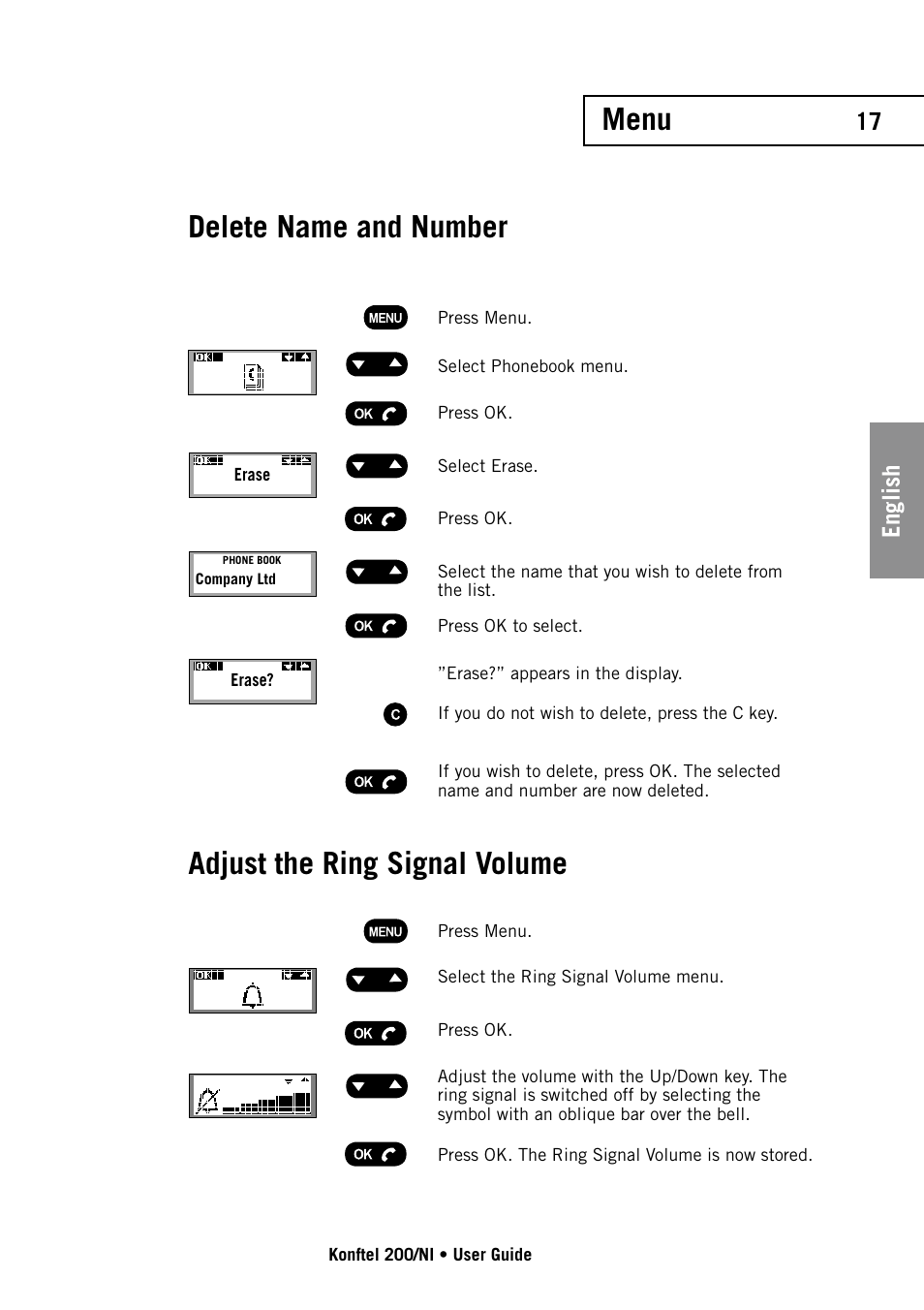 Menu, Delete name and number, Adjust the ring signal volume | English | Konftel 200/NI User Manual | Page 17 / 28
