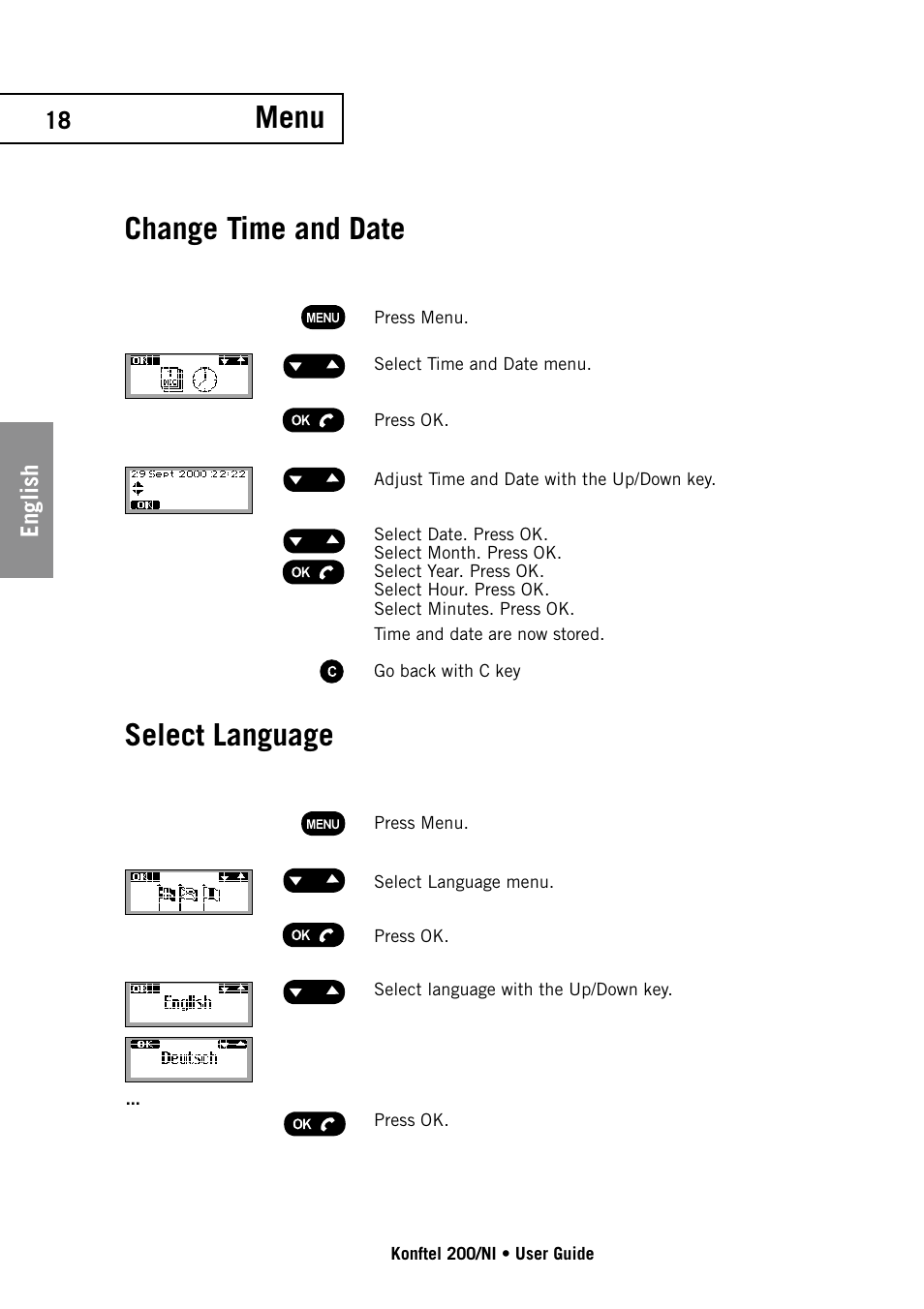 Change time and date, Select language, Menu | Konftel 200/NI User Manual | Page 18 / 28