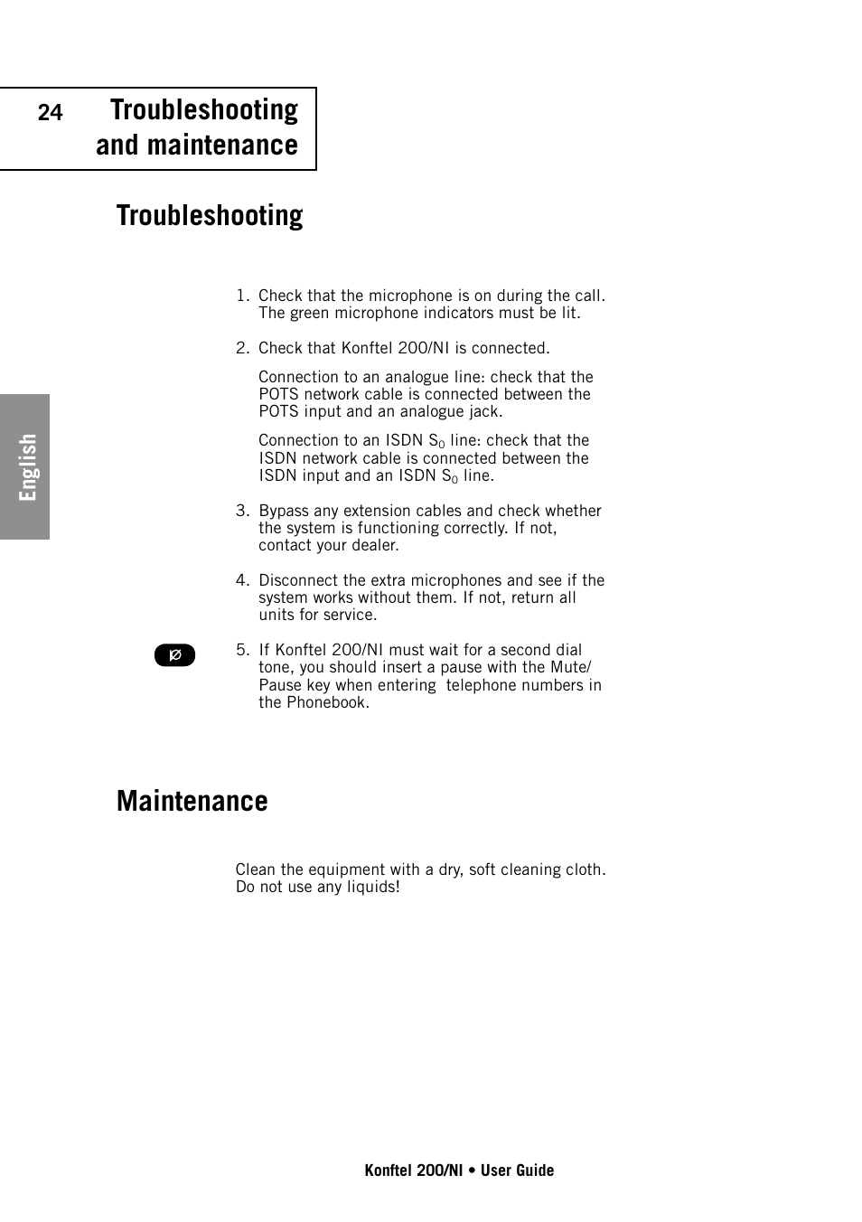 Troubleshooting, Maintenance, Troubleshooting and maintenance | English | Konftel 200/NI User Manual | Page 24 / 28