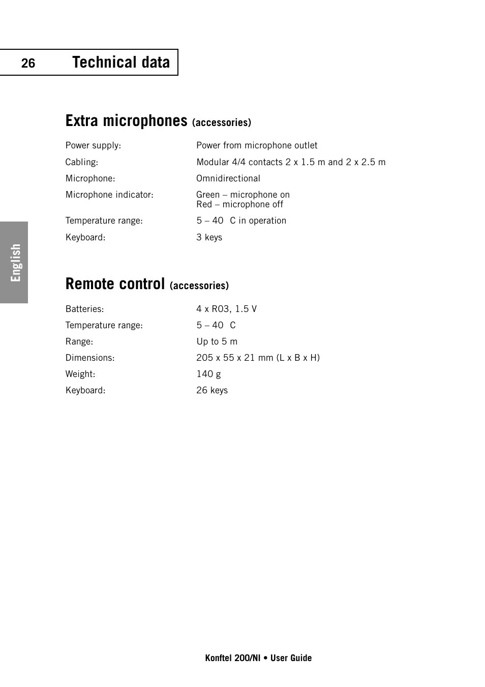 Technical data extra microphones, Remote control, 26 english | Konftel 200/NI User Manual | Page 26 / 28