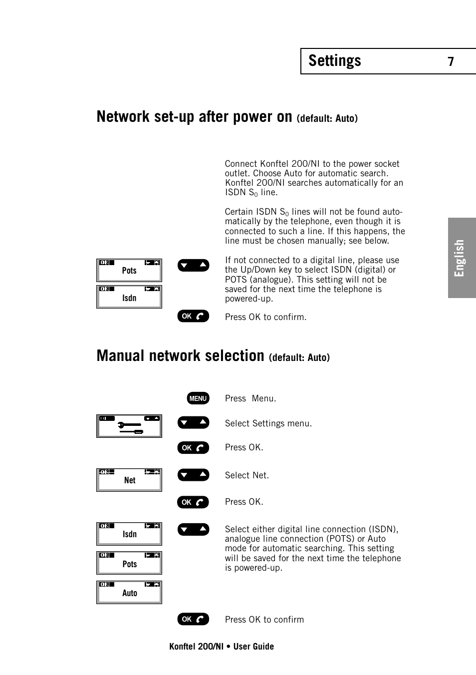 Settings network set-up after power on, Manual network selection, English | Konftel 200/NI User Manual | Page 7 / 28