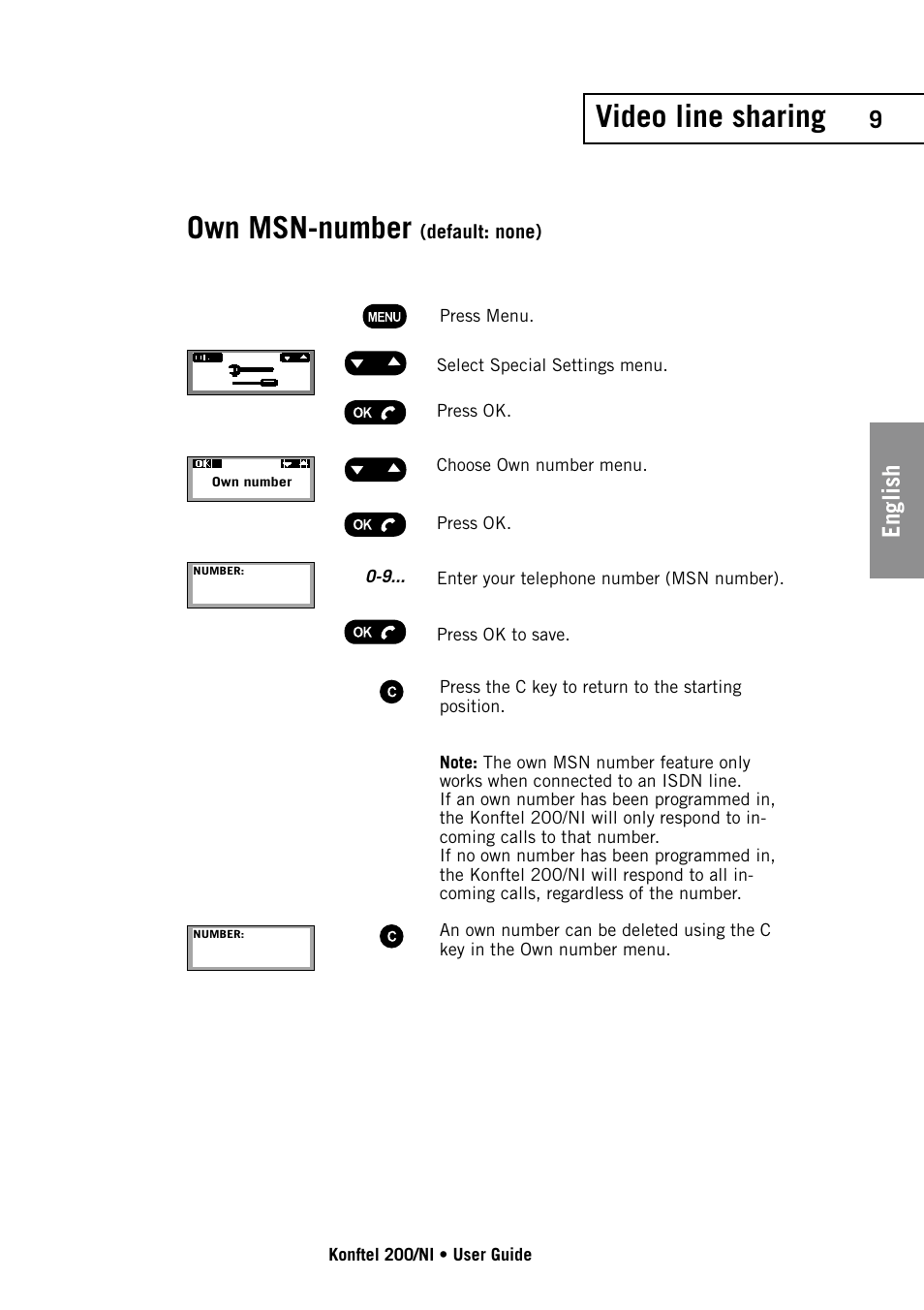 Video line sharing, Own msn-number, English | Konftel 200/NI User Manual | Page 9 / 28