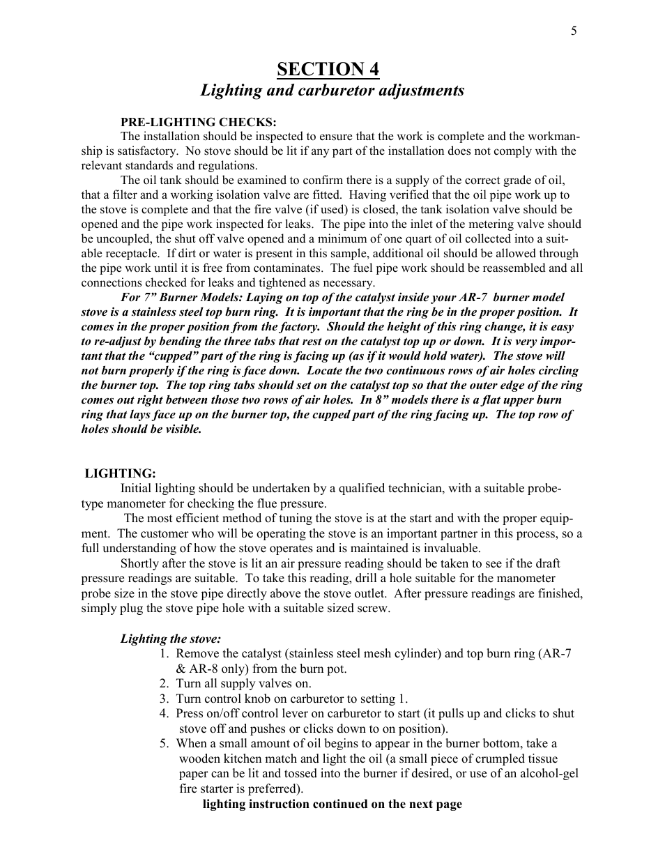 Lighting and carburetor adjustments | Kuma Stoves AR-10 User Manual | Page 6 / 11