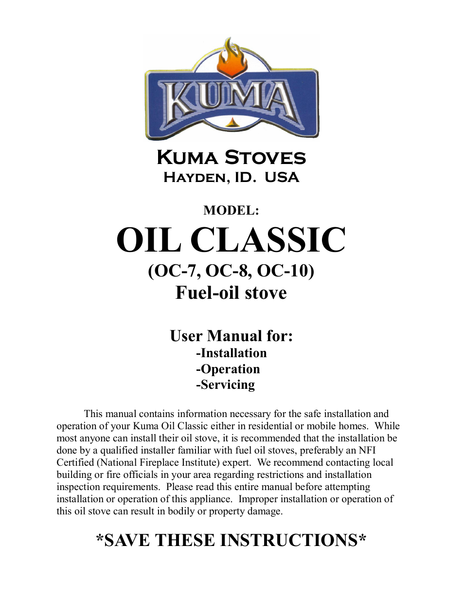 Kuma Stoves OC-8 User Manual | 11 pages