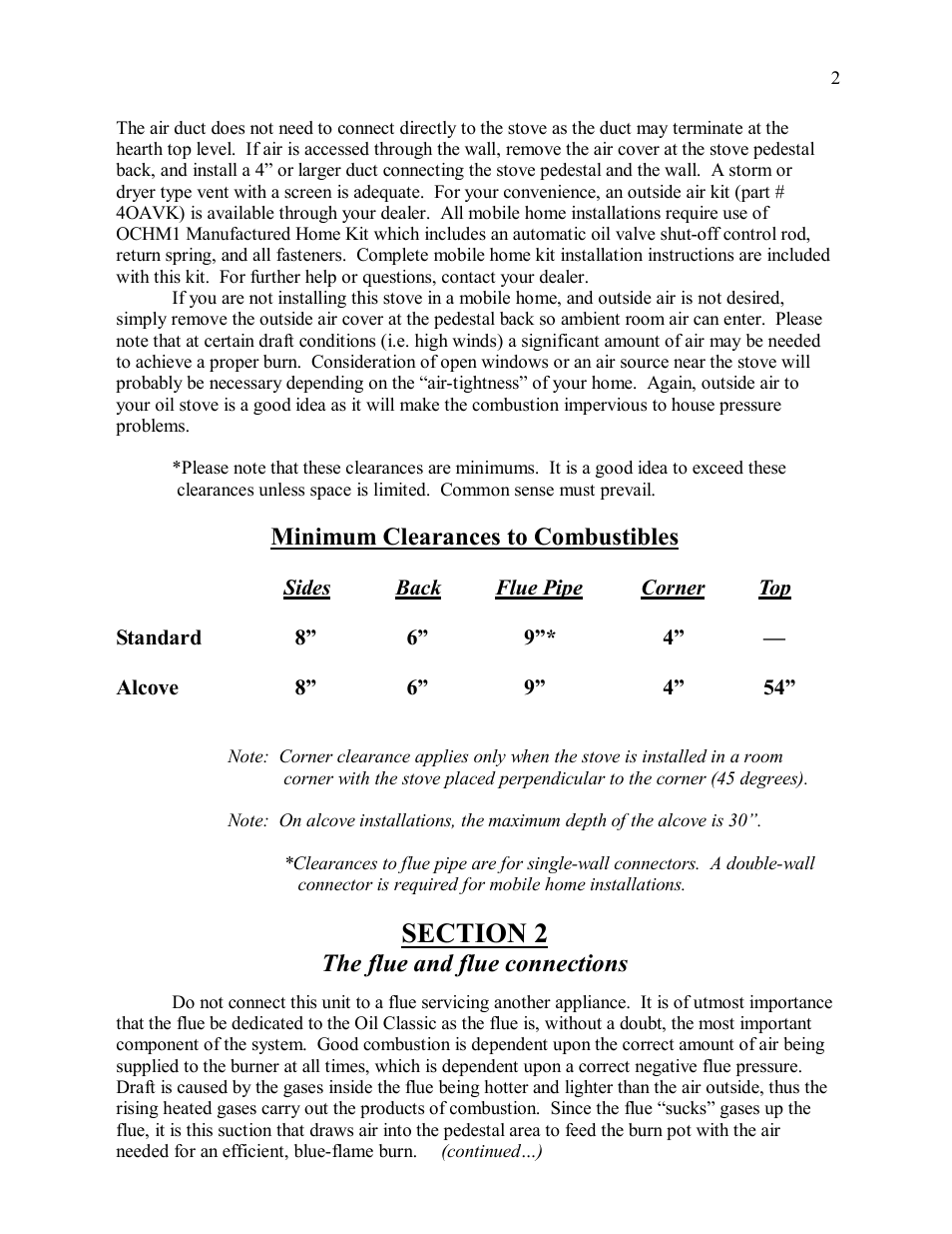 Minimum clearances to combustibles, The flue and flue connections | Kuma Stoves OC-8 User Manual | Page 3 / 11