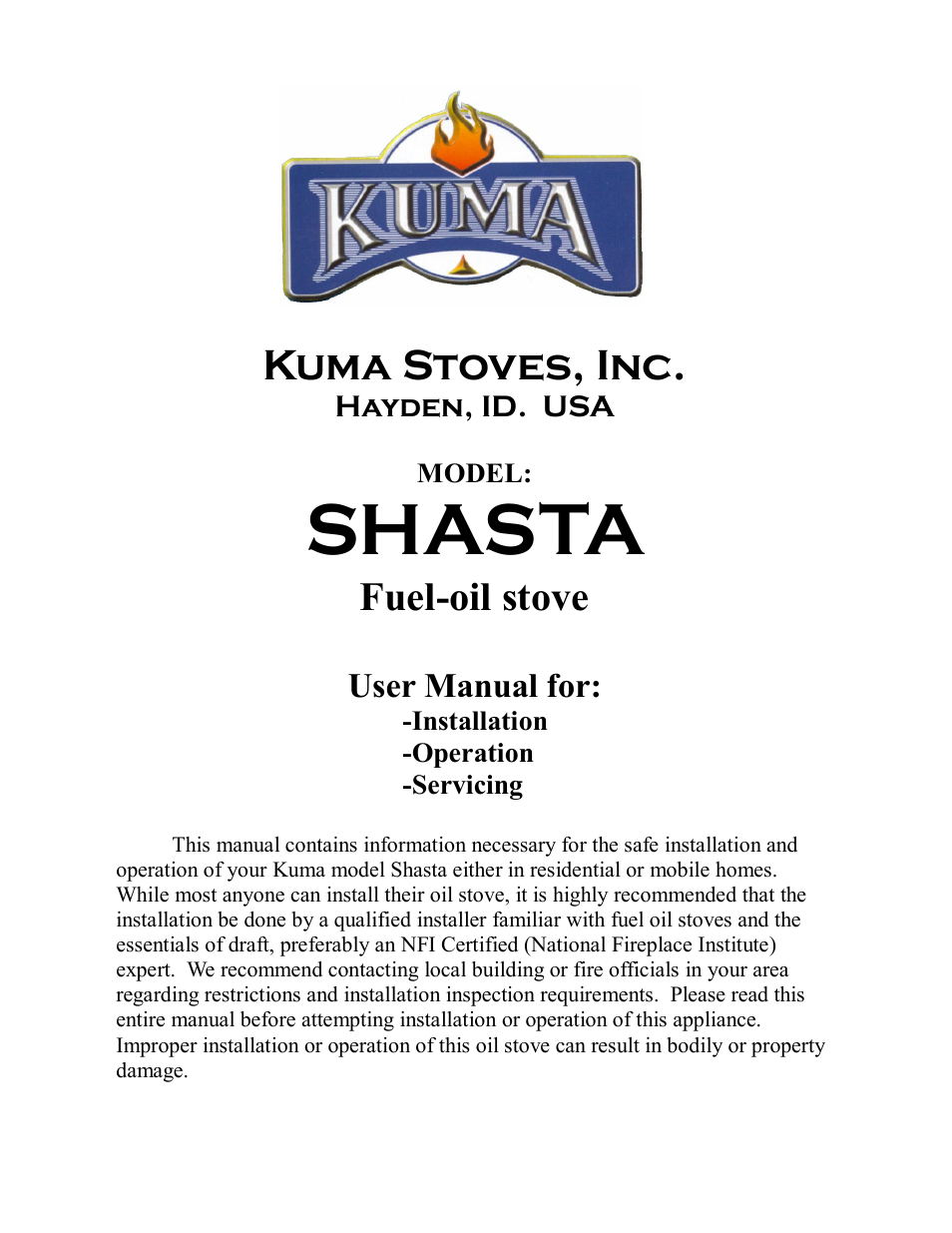 Kuma Stoves SHASTA User Manual | 12 pages