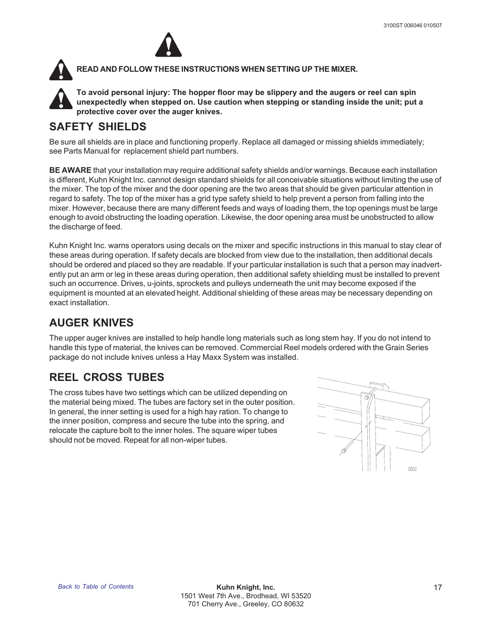 Mixer setup, Safety shields, Auger knives | Reel cross tubes | Kuhn Rikon 3100 User Manual | Page 17 / 36