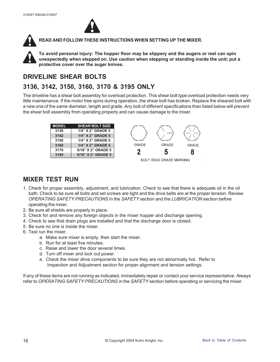 Mixer setup, Driveline shear bolts, Mixer test run | Kuhn Rikon 3100 User Manual | Page 18 / 36