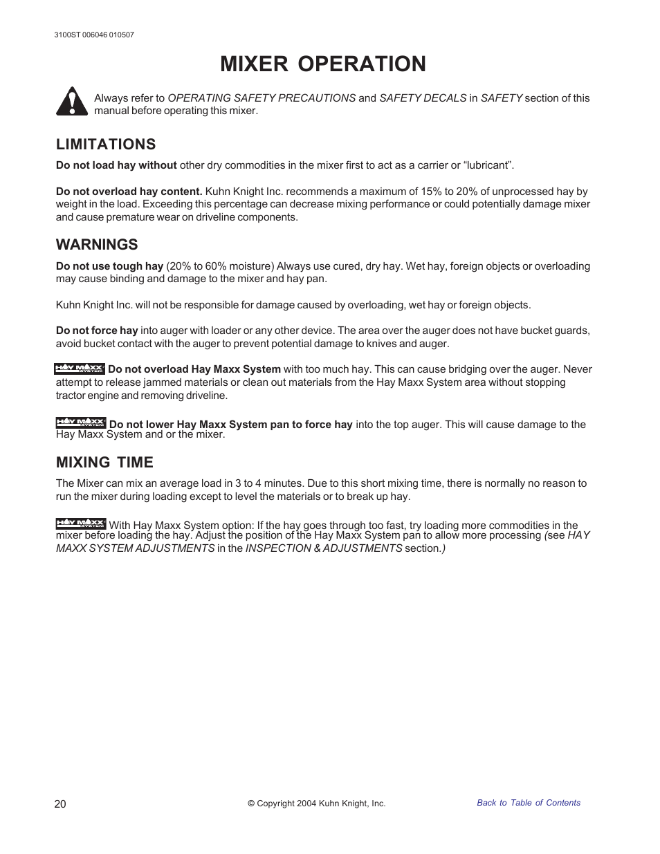 Limitations, Warnings, Mixing time | Mixer operation | Kuhn Rikon 3100 User Manual | Page 20 / 36