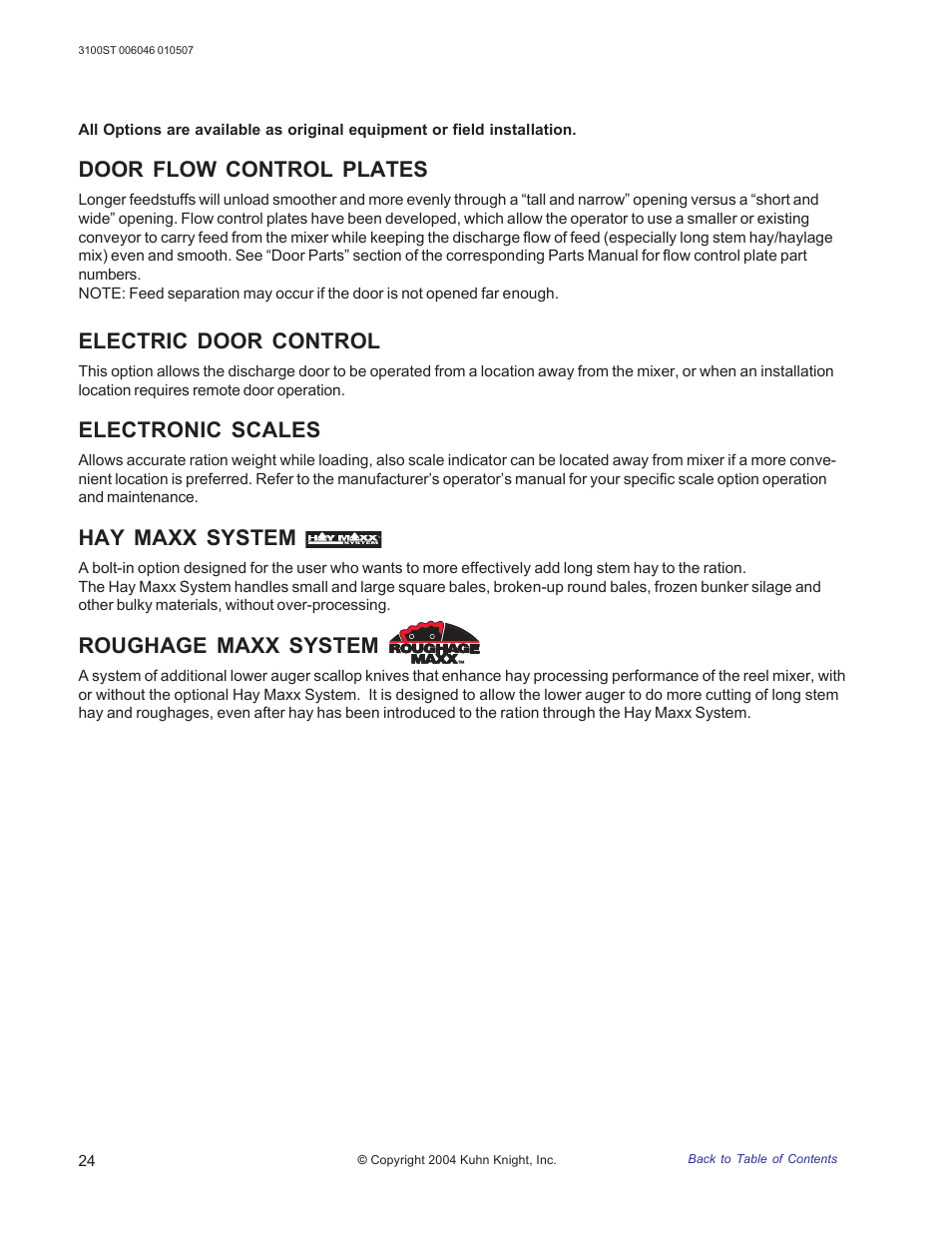 Options, Door flow control plates, Electric door control | Electronic scales, Hay maxx system, Roughage maxx system | Kuhn Rikon 3100 User Manual | Page 24 / 36