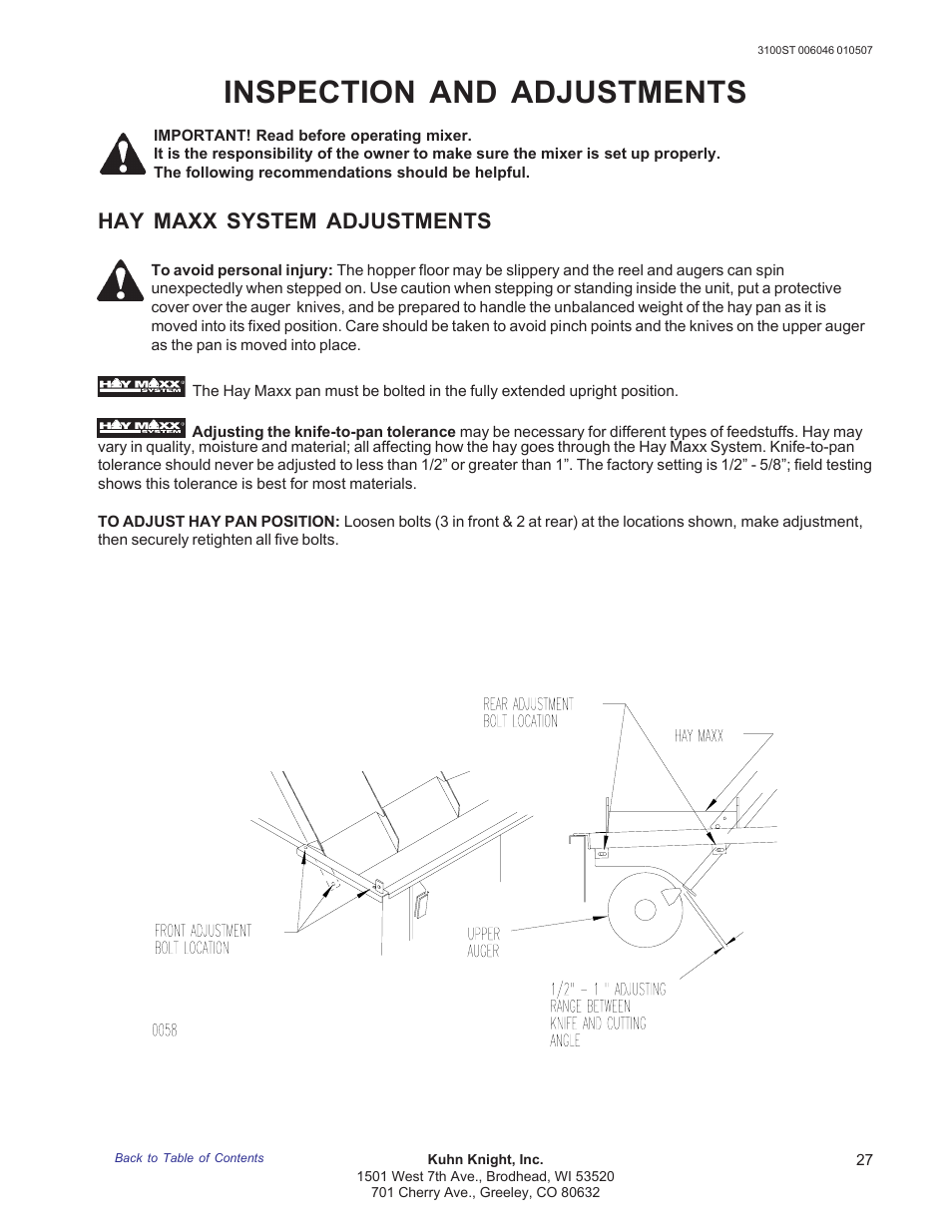 Hay maxx system adjustments, Inspection and adjustments | Kuhn Rikon 3100 User Manual | Page 27 / 36