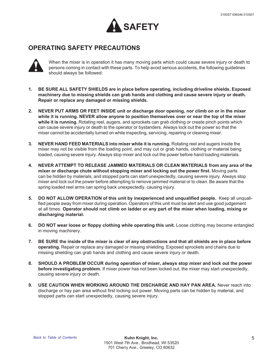 Operating safety precautions, Safety | Kuhn Rikon 3100 User Manual | Page 5 / 36